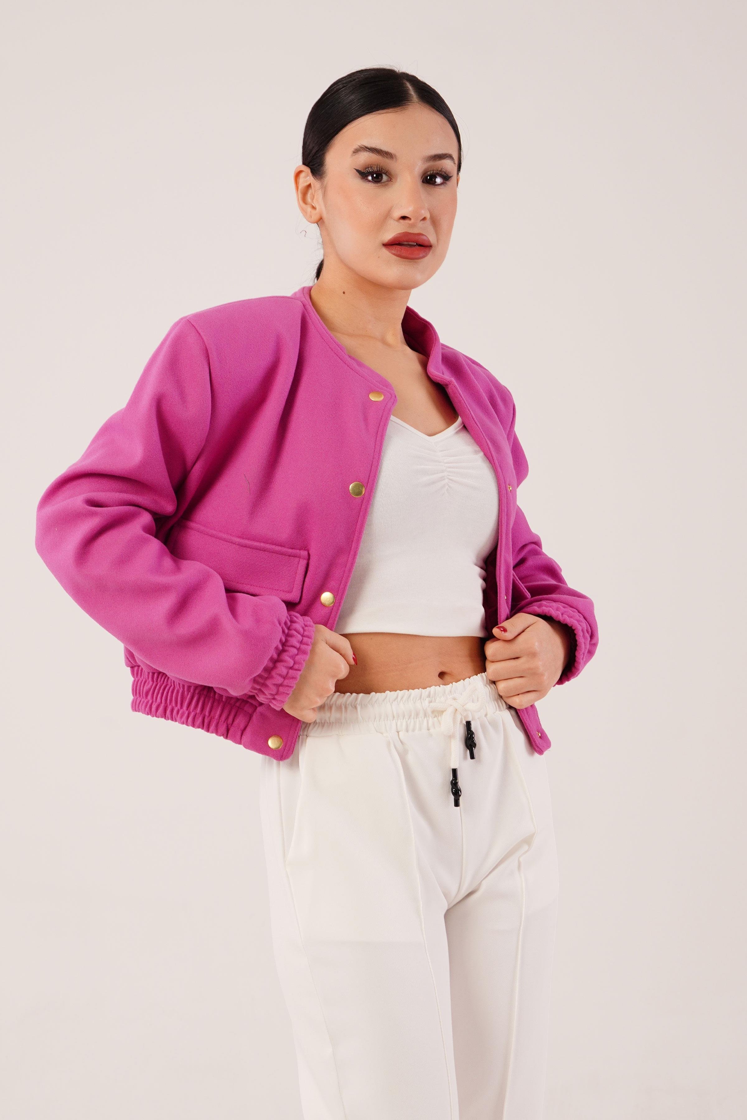 Gold Düğmeli Kaşe Magenta Bomber Ceket