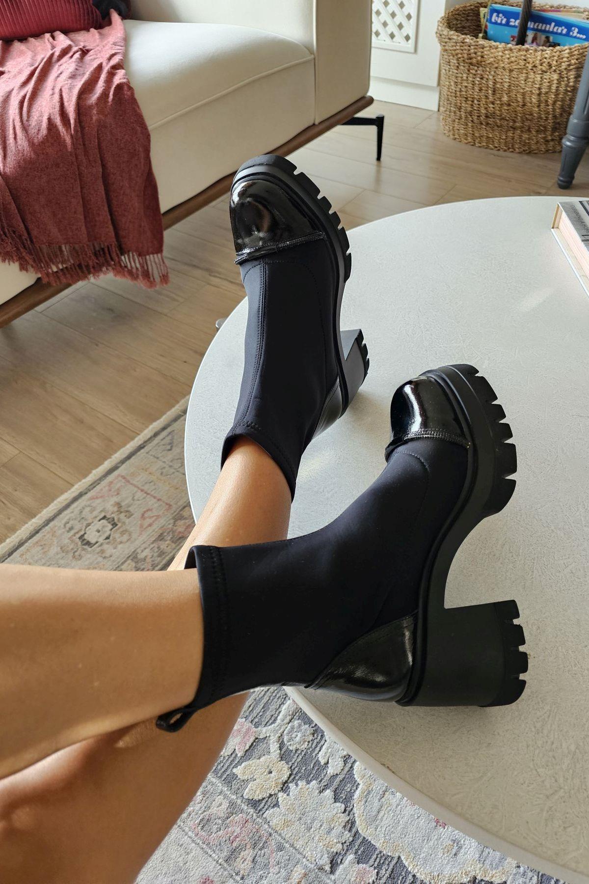 022 2416 Topukla Kadın Steç Dalgıç Kumaş Hakiki Deri 6 cm Platform Topuklu Bot