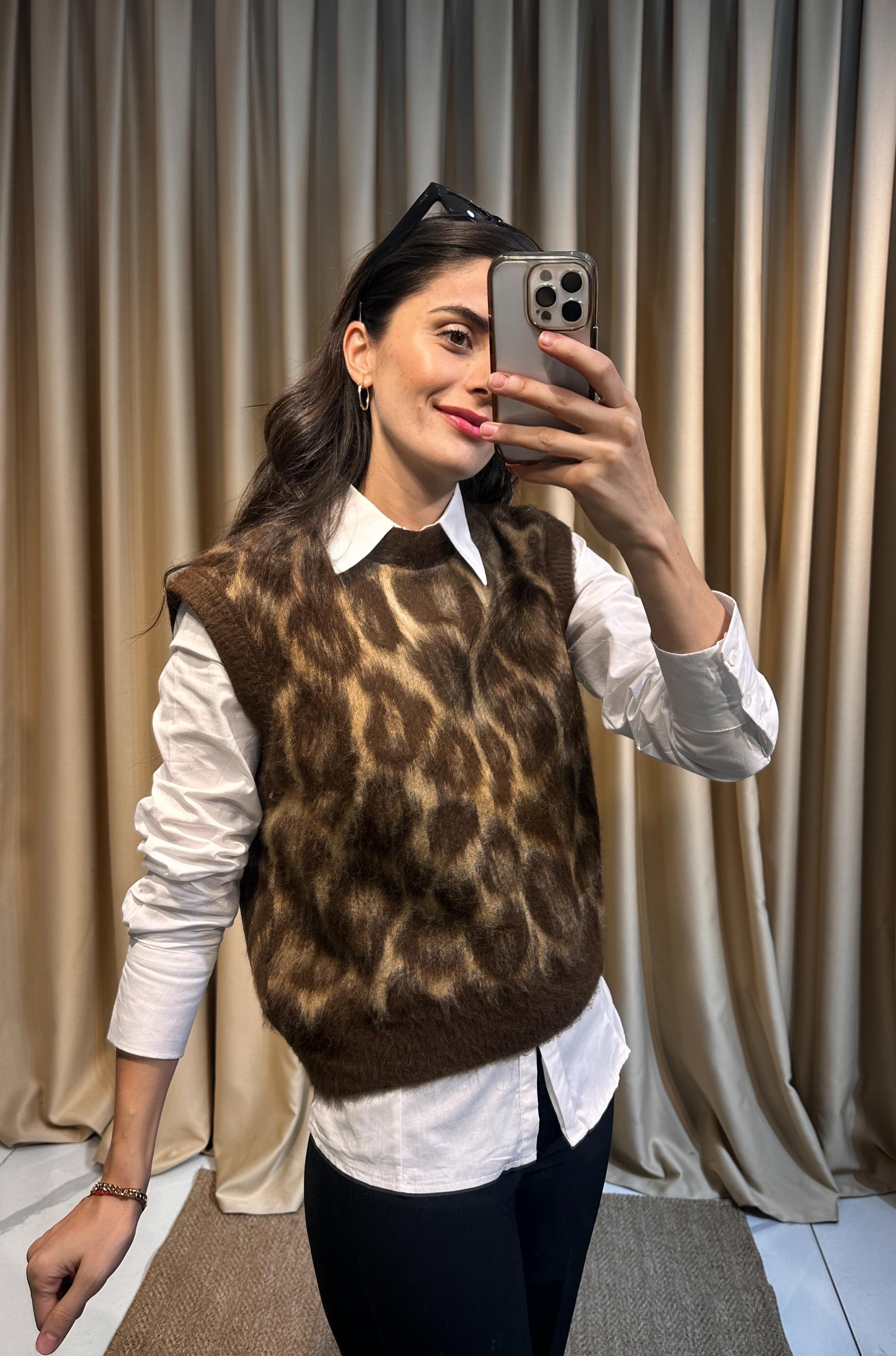 Leopar Desen Kahve Süveter