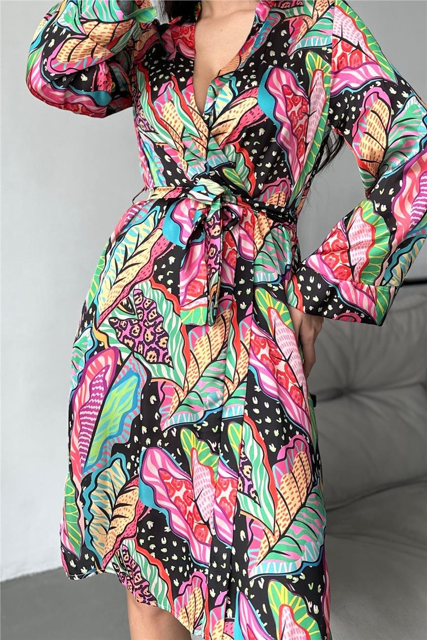 Modern Yaprak Desen Baskılı Belden Bağlama Saten Kimono / Sabahlık