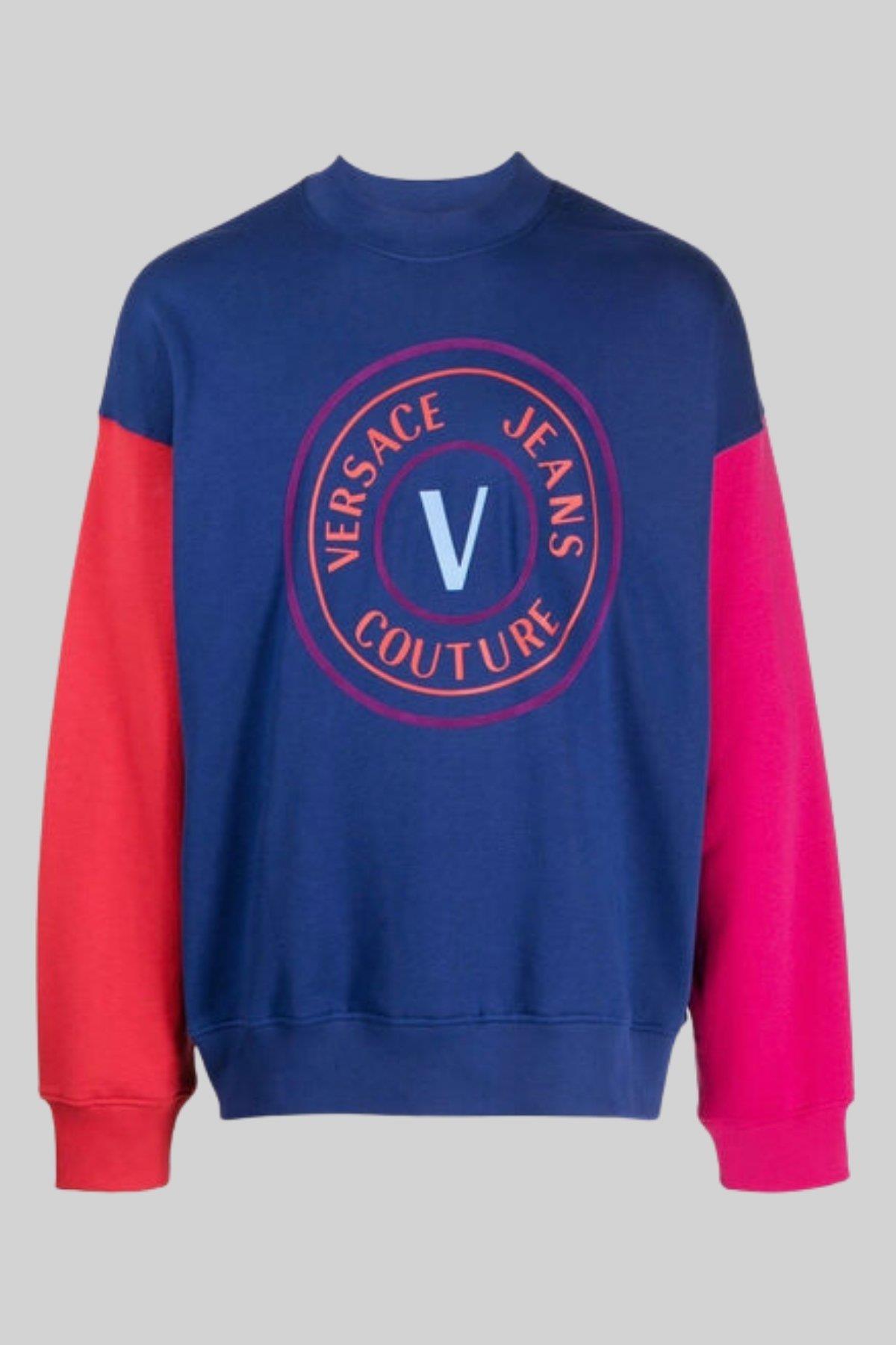 Versace Jeans Couture Erkek Uzun Kollu Bisiklet Yaka Parçalı Sweatshirt Mavi