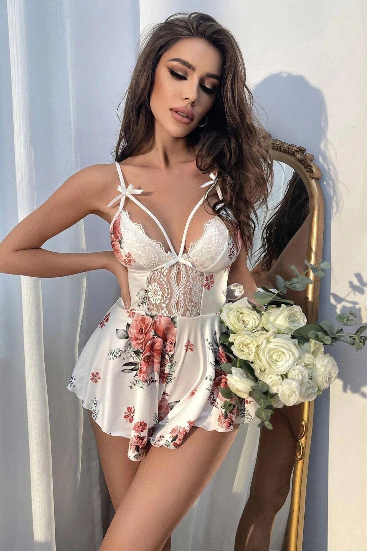 Bella Notte Beyaz Çiçek Desenli Tulum 15099
