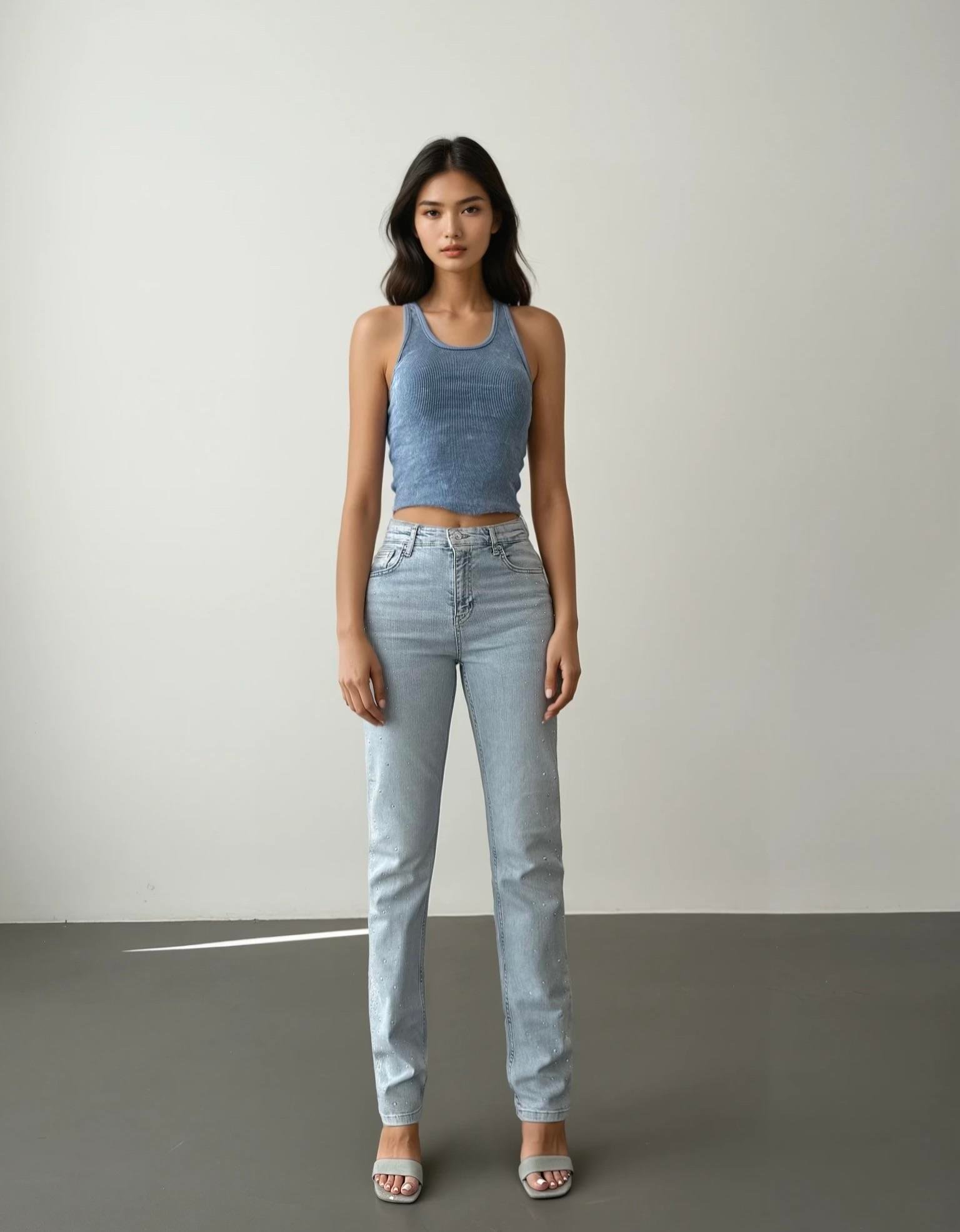 High Waist Tubular Cut Stone Detailed Ice Blue Jeans