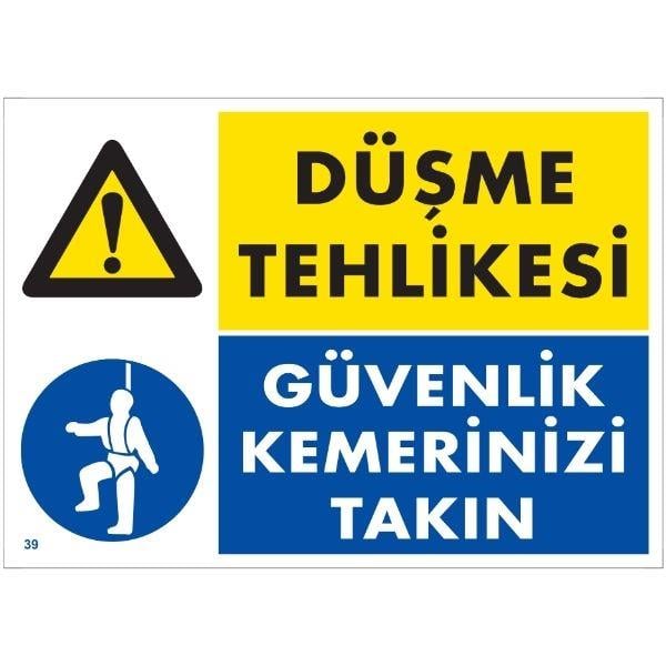 Dikkat Yüksekten Düşme Riski Emniyet Kemeri Kullan Uyarı LevhasıİSG-39-2535SDikkat Yüksekten Düşme Riski Emniyet Kemeri Kullan Uyarı Levhası