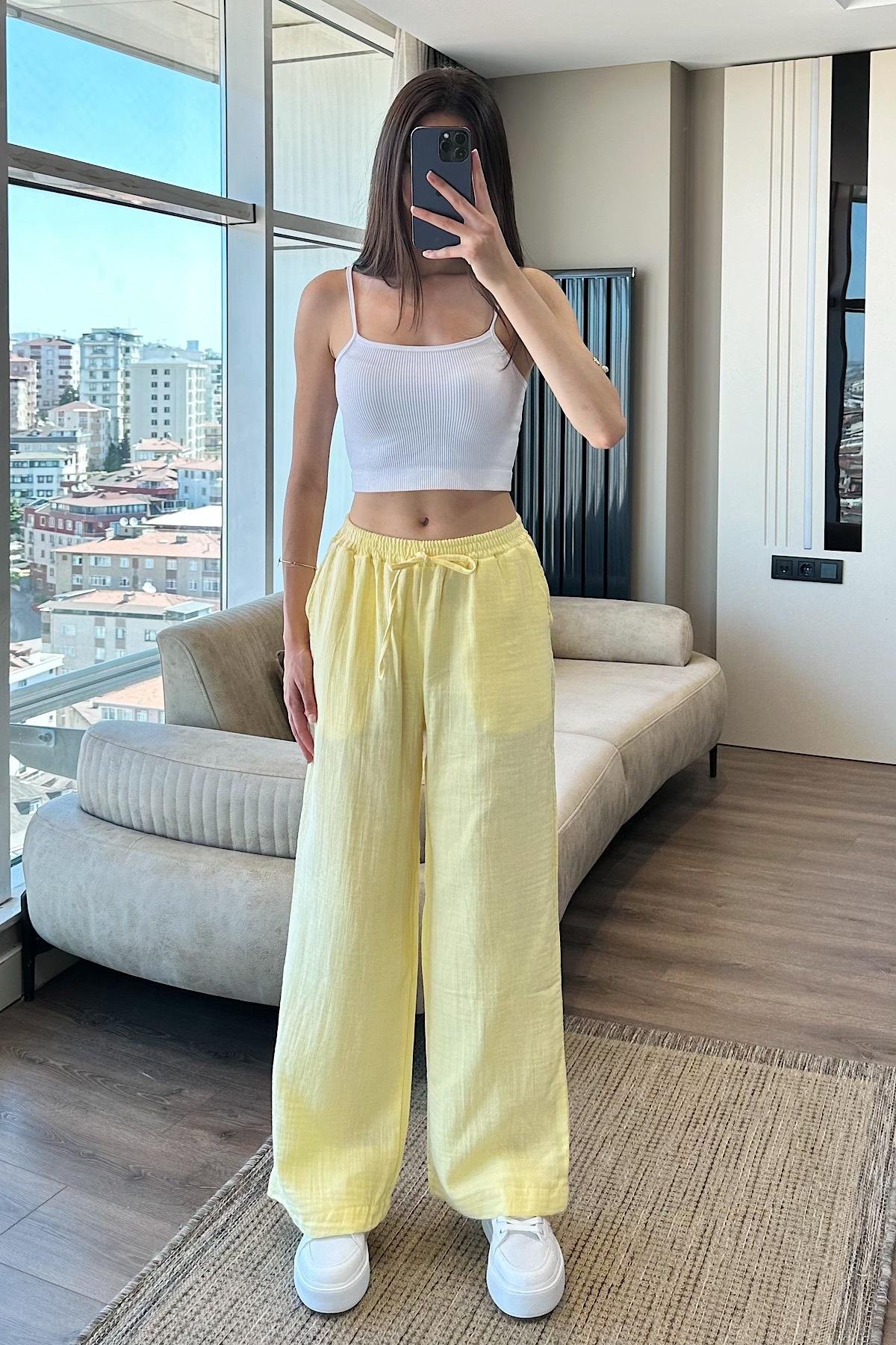 BELİ LASTİKLİ KETEN PALAZZO PANTOLON