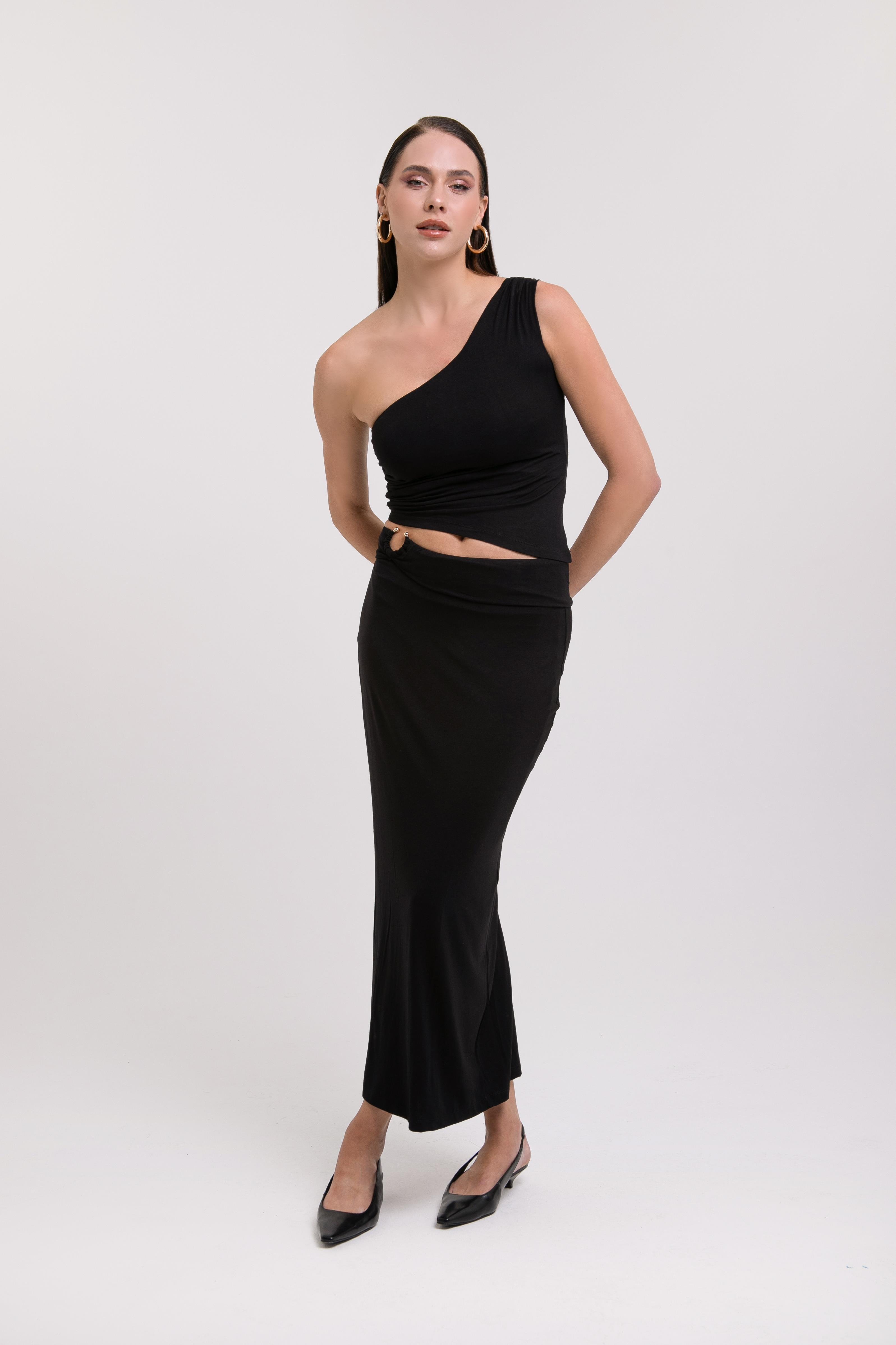 AFLOOW Kadın Siyah Slim Fit Yırtmaçlı Uzun Etek
