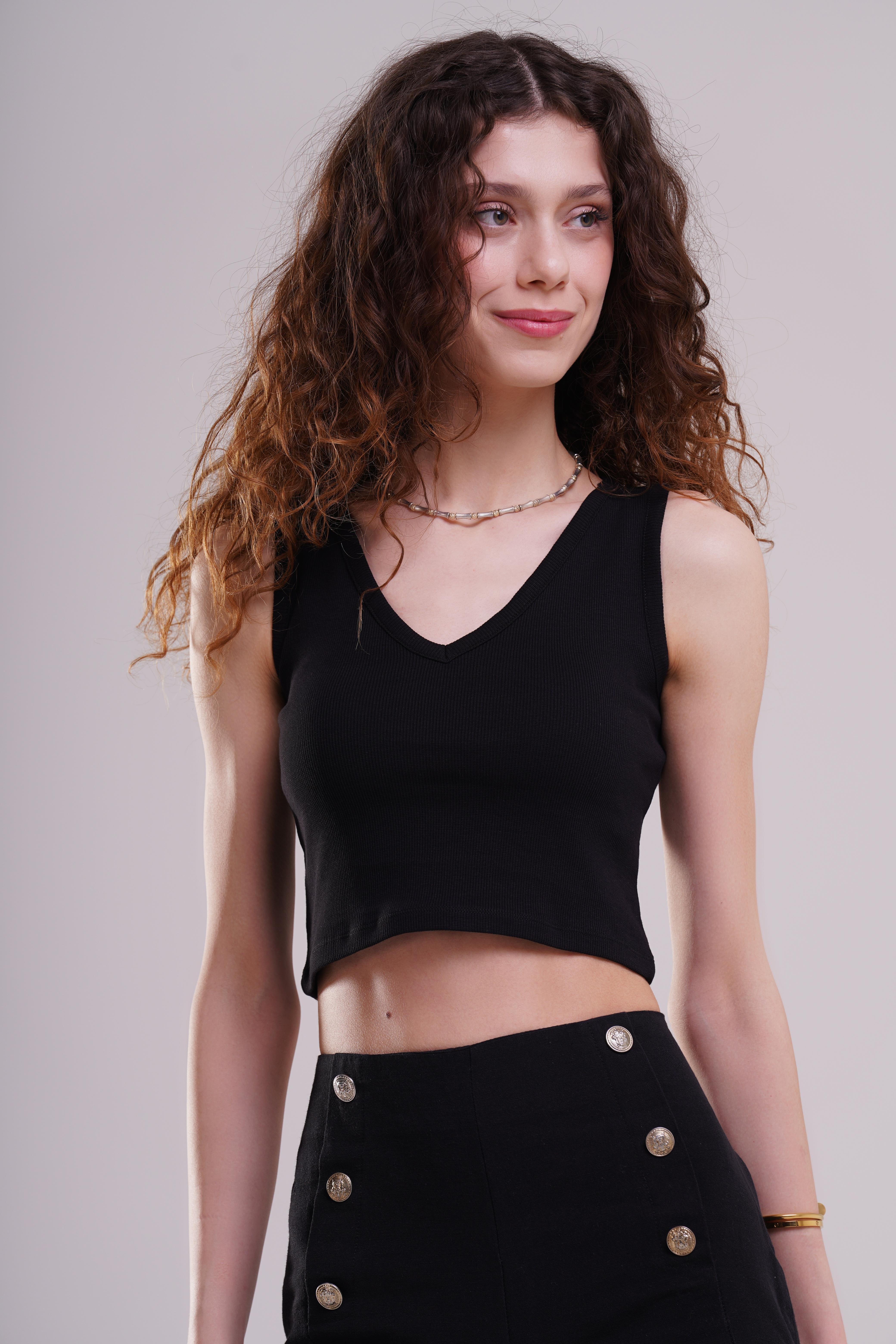 Afloow Womens Black V-Neck Ribbed Crop Tank – Timeless and Chic Basic Piece