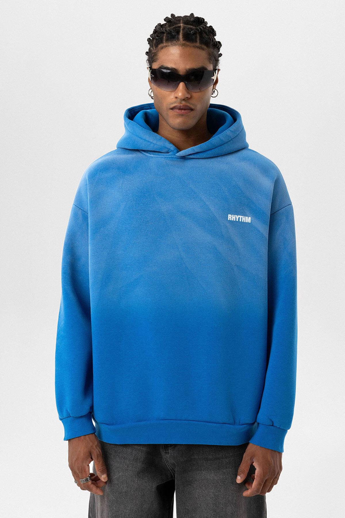 Arka Baskılı Oversize Kapüşonlu Sweatshirt Turkuaz