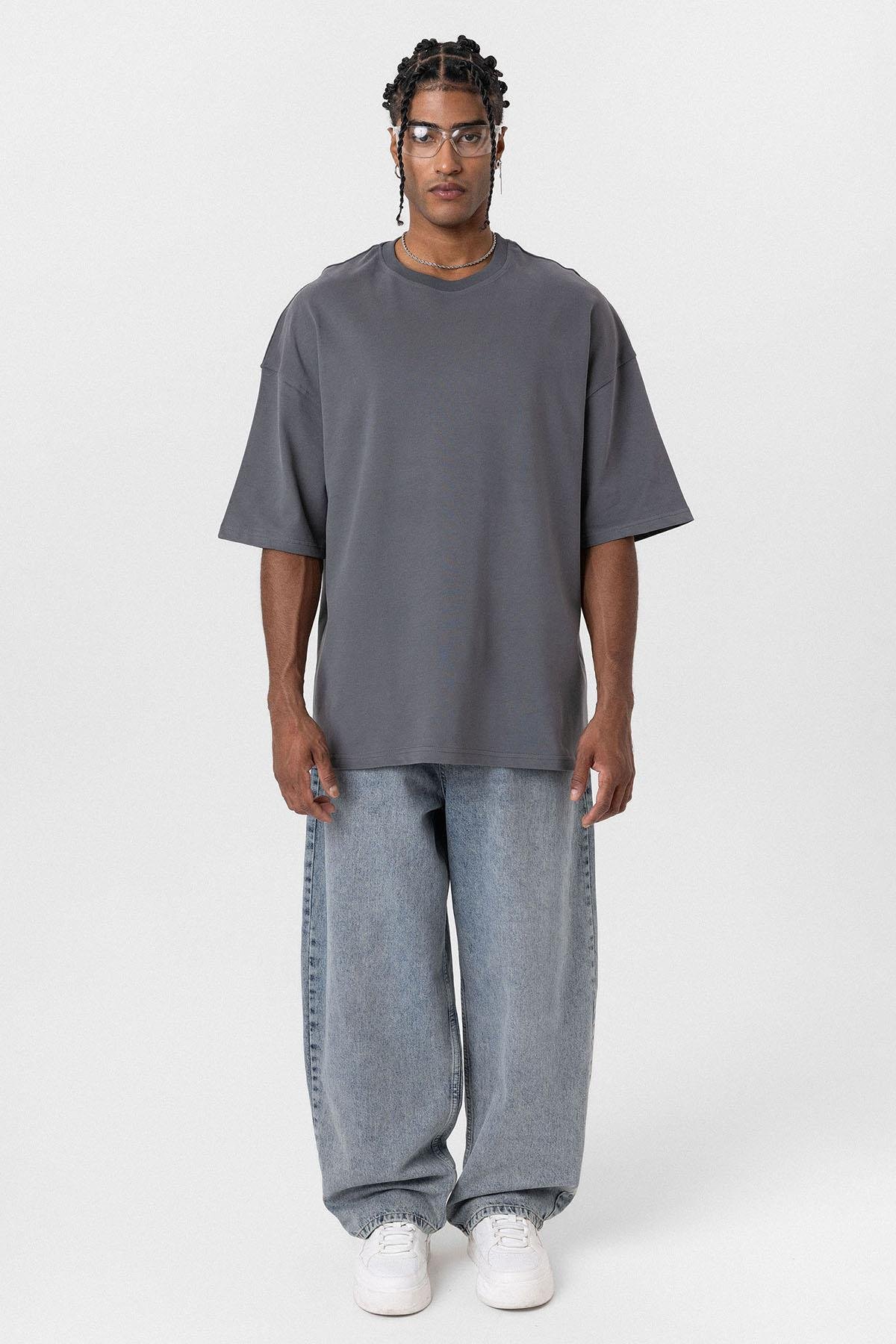 Basic Oversize Bisiklet Yaka Tişört Antrasit