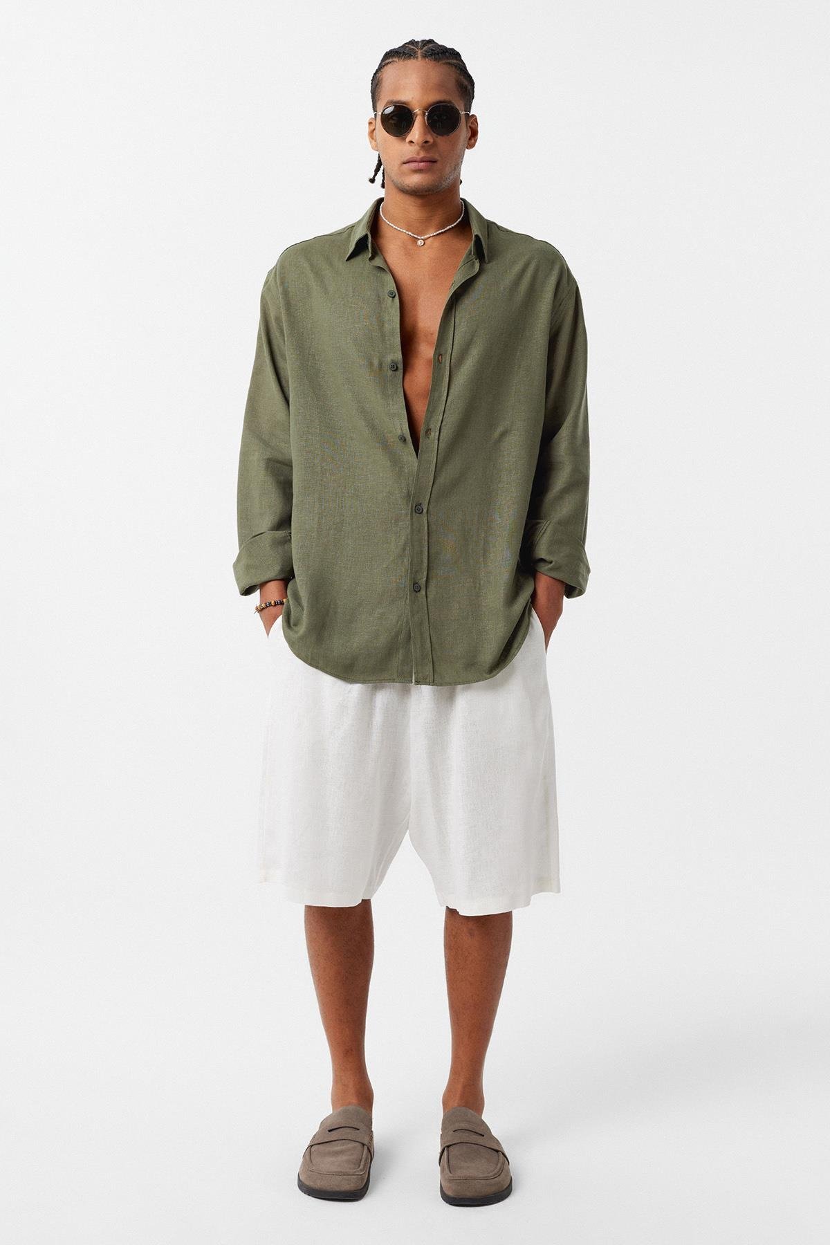 Basic Oversize Uzun Kollu Keten Gömlek Haki