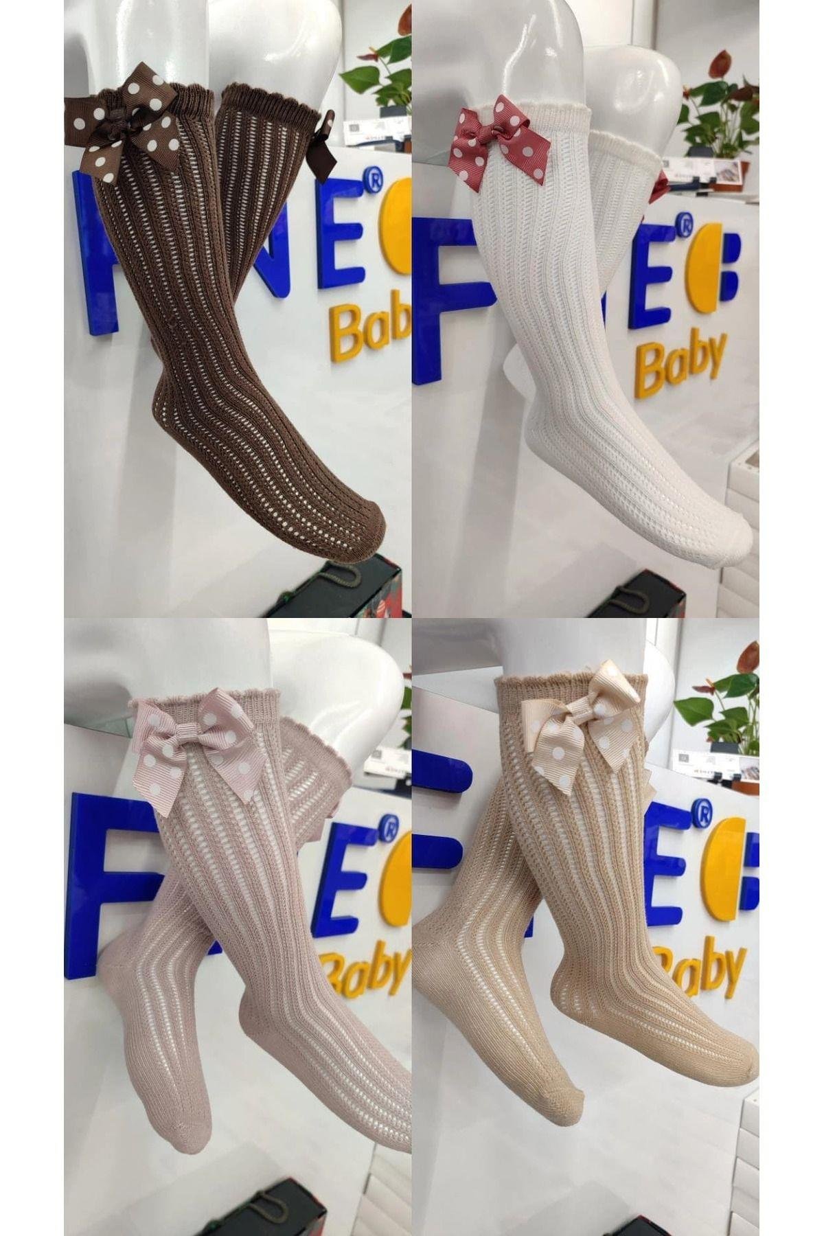 1 Adet Kız Çocuk Bej Puantiyeli Fiyonk Detaylı Desenli Dizaltı Çorabı