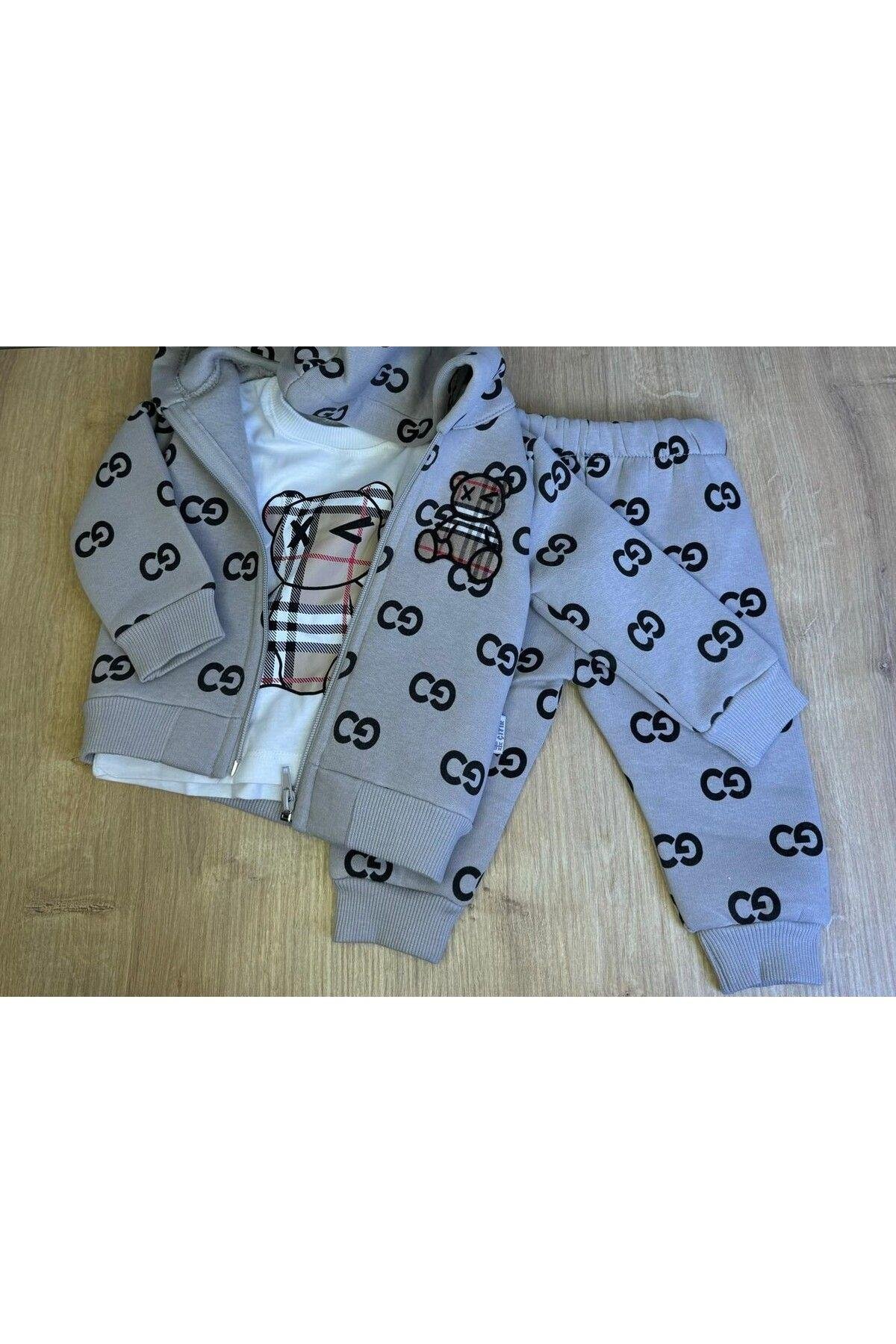3Lü Bebek Çocuk Şardonlu Kapişonlu Sweatshirt Uzun Kollu Tshirt Ve Eşohman Altı Takımı