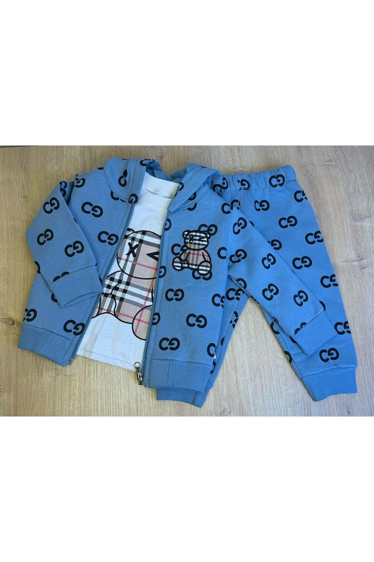 3Lü Bebek Çocuk Şardonlu Kapişonlu Sweatshirt Uzun Kollu Tshirt Ve Eşohman Altı Takımı
