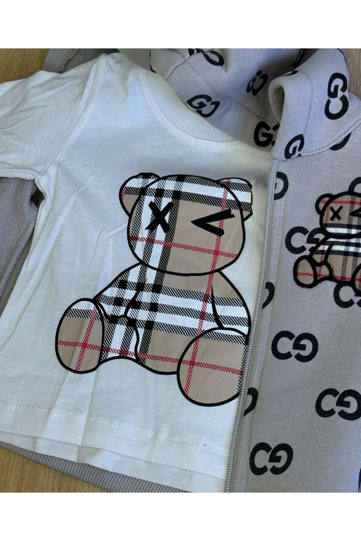 3Lü Bebek Çocuk Şardonlu Kapişonlu Sweatshirt Uzun Kollu Tshirt Ve Eşohman Altı Takımı