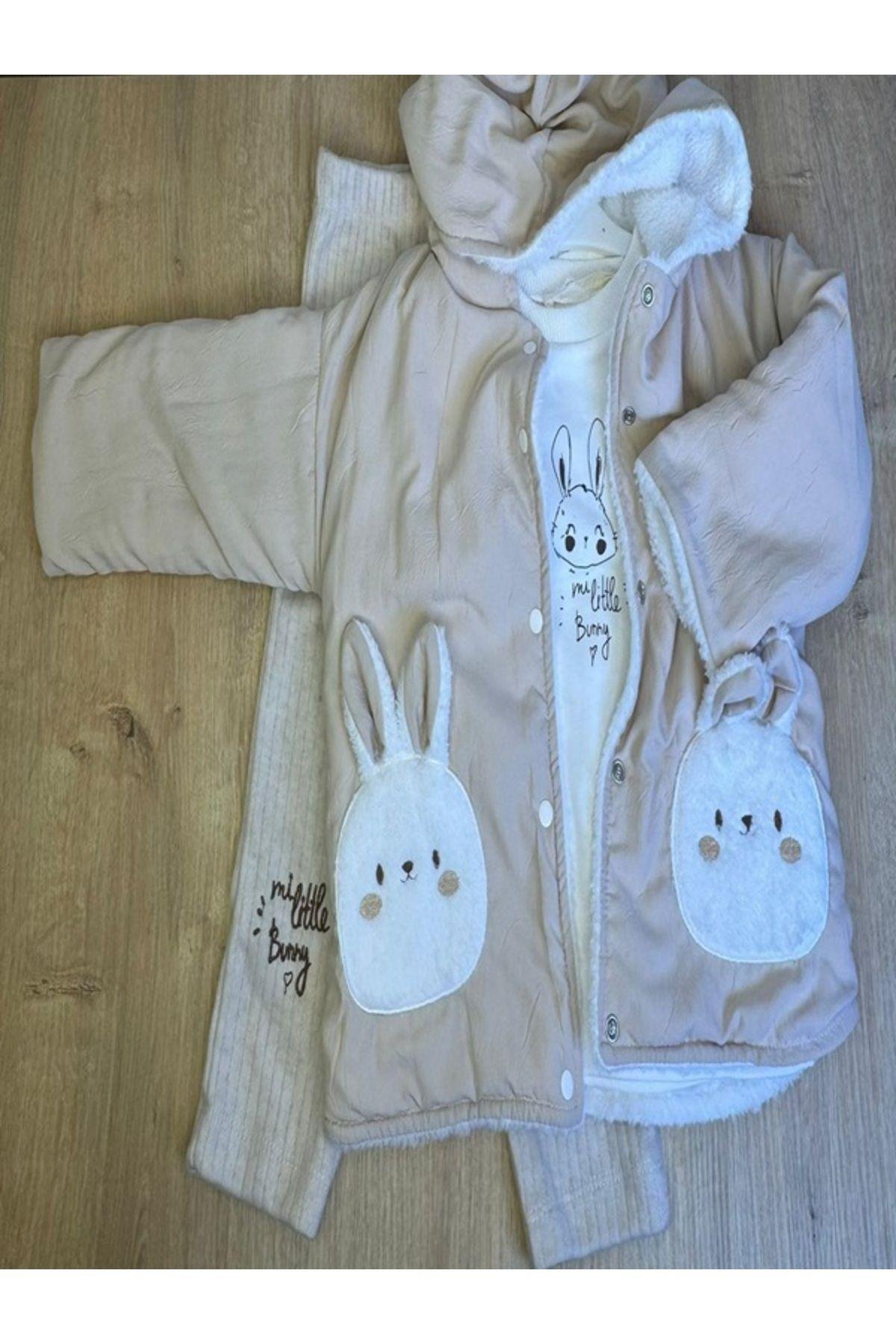 3Lü Kız Bebek Çocuk İçi Polarlı Ceket 2 İplik Sweatshirt Ve Pantalon Takım