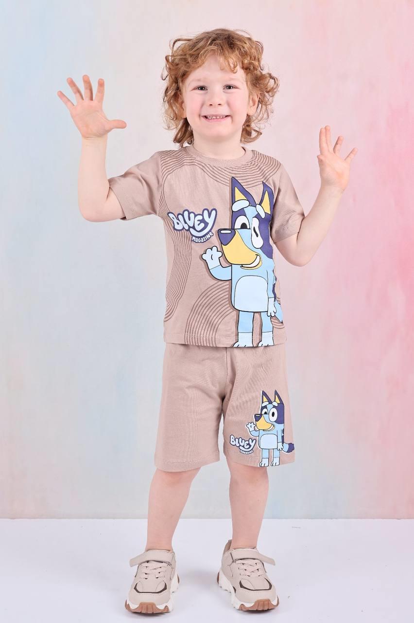 Erkek Çocuk Açık Kahve Bluey Köpüş Desenli Kısa Kollu Tişört  Şortlu  Takım