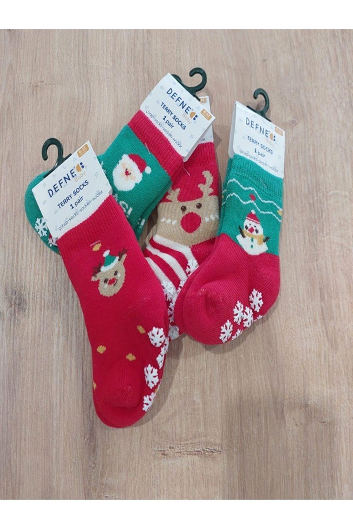 Kıpırık Baby 4 Çift Havlu Pamuklu Kışlık Yılbaşı Desenli Unisex Çocuk Ve Bebek Soket Çorap