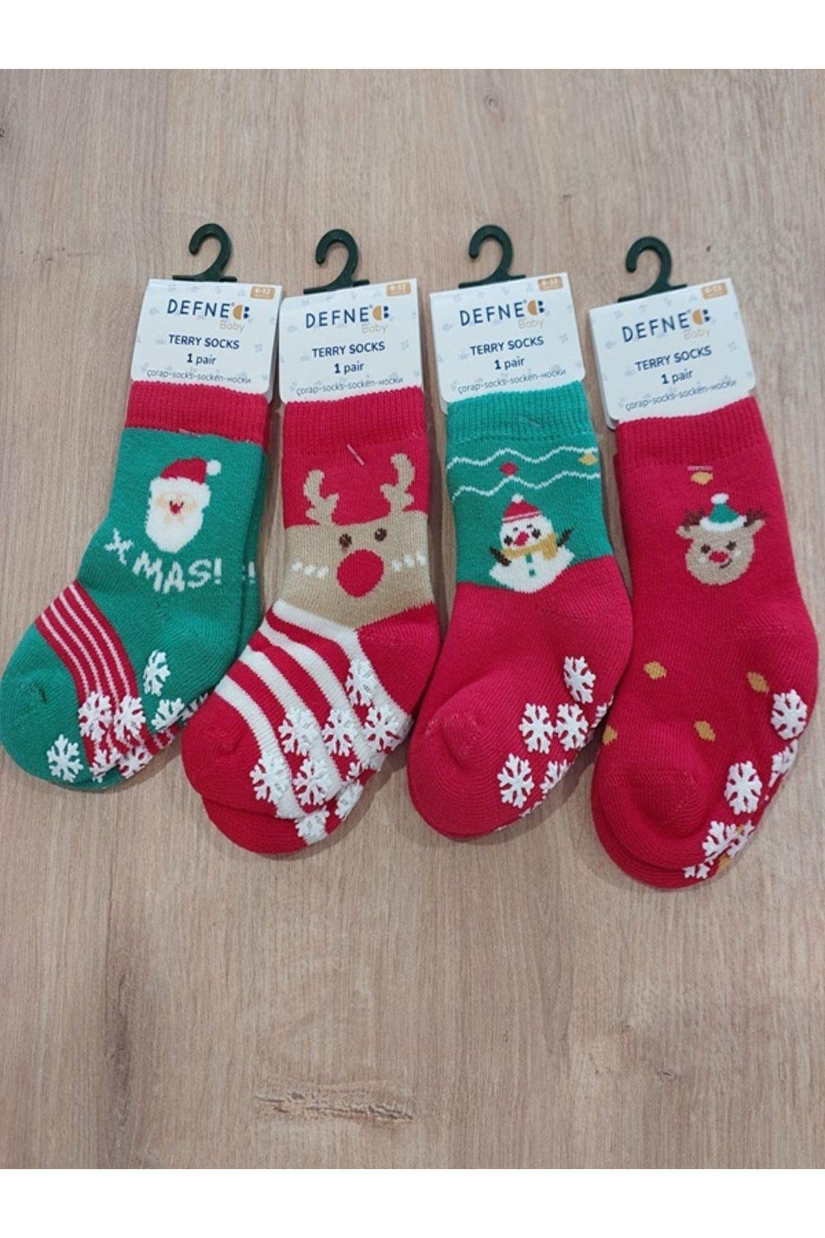 Kıpırık Baby 4 Çift Havlu Pamuklu Kışlık Yılbaşı Desenli Unisex Çocuk Ve Bebek Soket Çorap