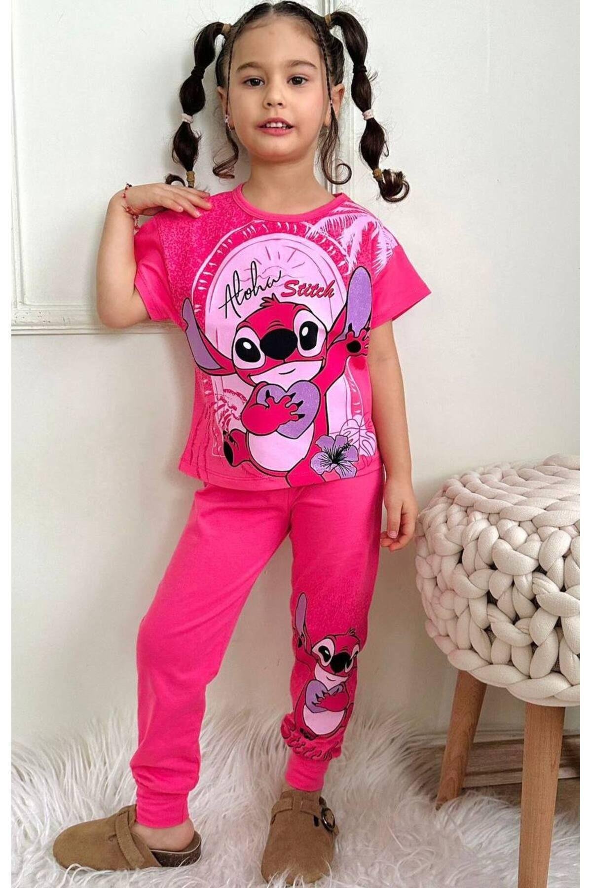 Kız Çocuk Stitchh Desenli Kısa Kollu  Tshırt Eşofman 2Li Takım