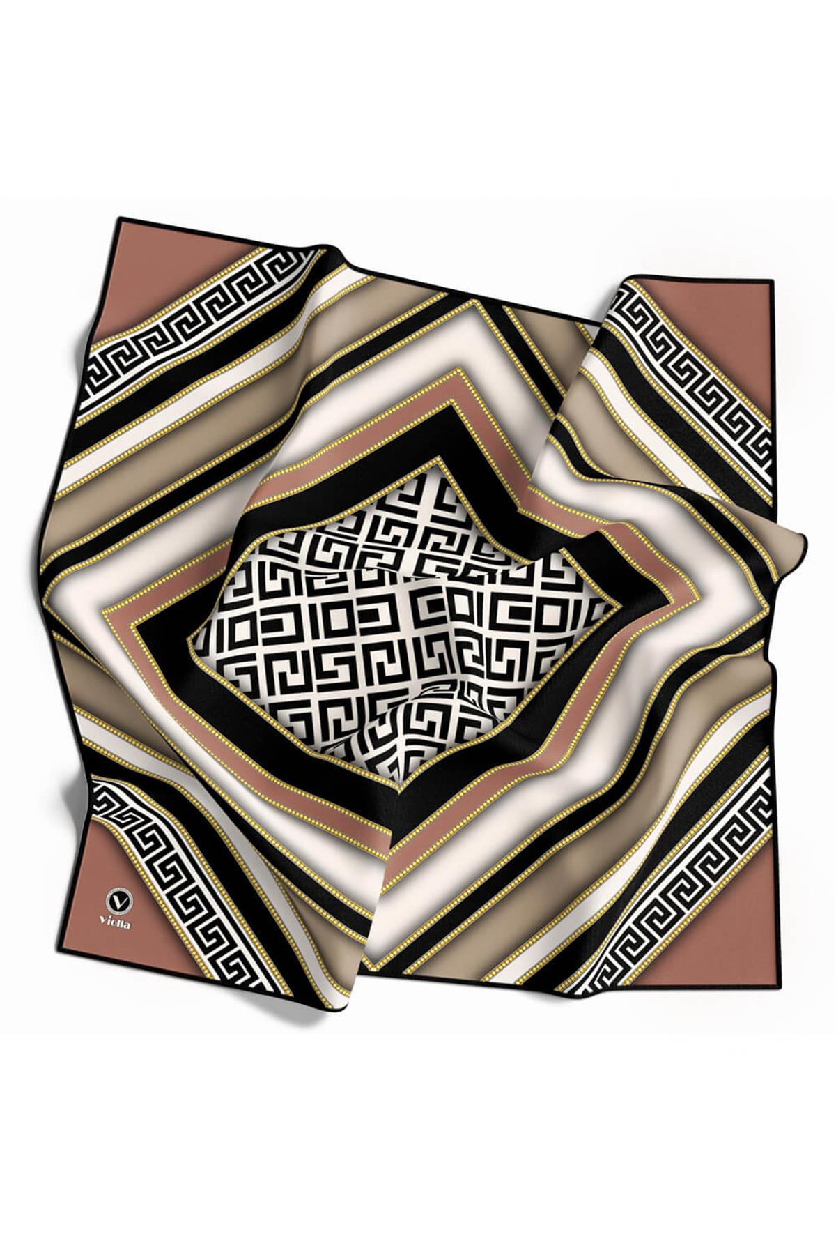 Twill Gold Çerçeveli Antik Desenli Bakır Renkli 90x90 Eşarp (İpek İçermez) Kenar Dikiş Şekli El Dikişli