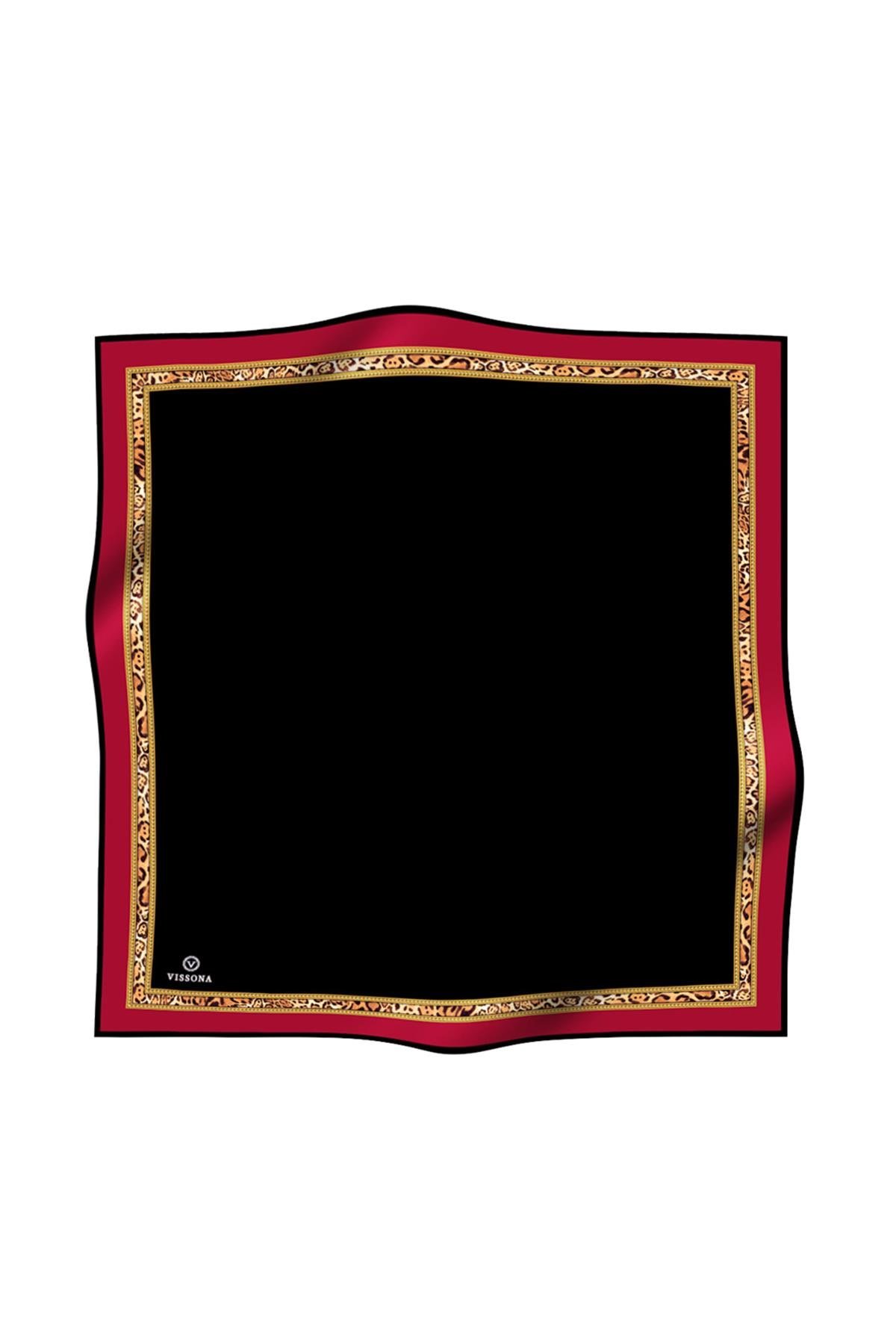 %100 Twill İpek Bordürü Leoparlı Düz Desenli Bordo - Siyah Renkli 90x90 Eşarp Dikim Şekli : El Dikişi