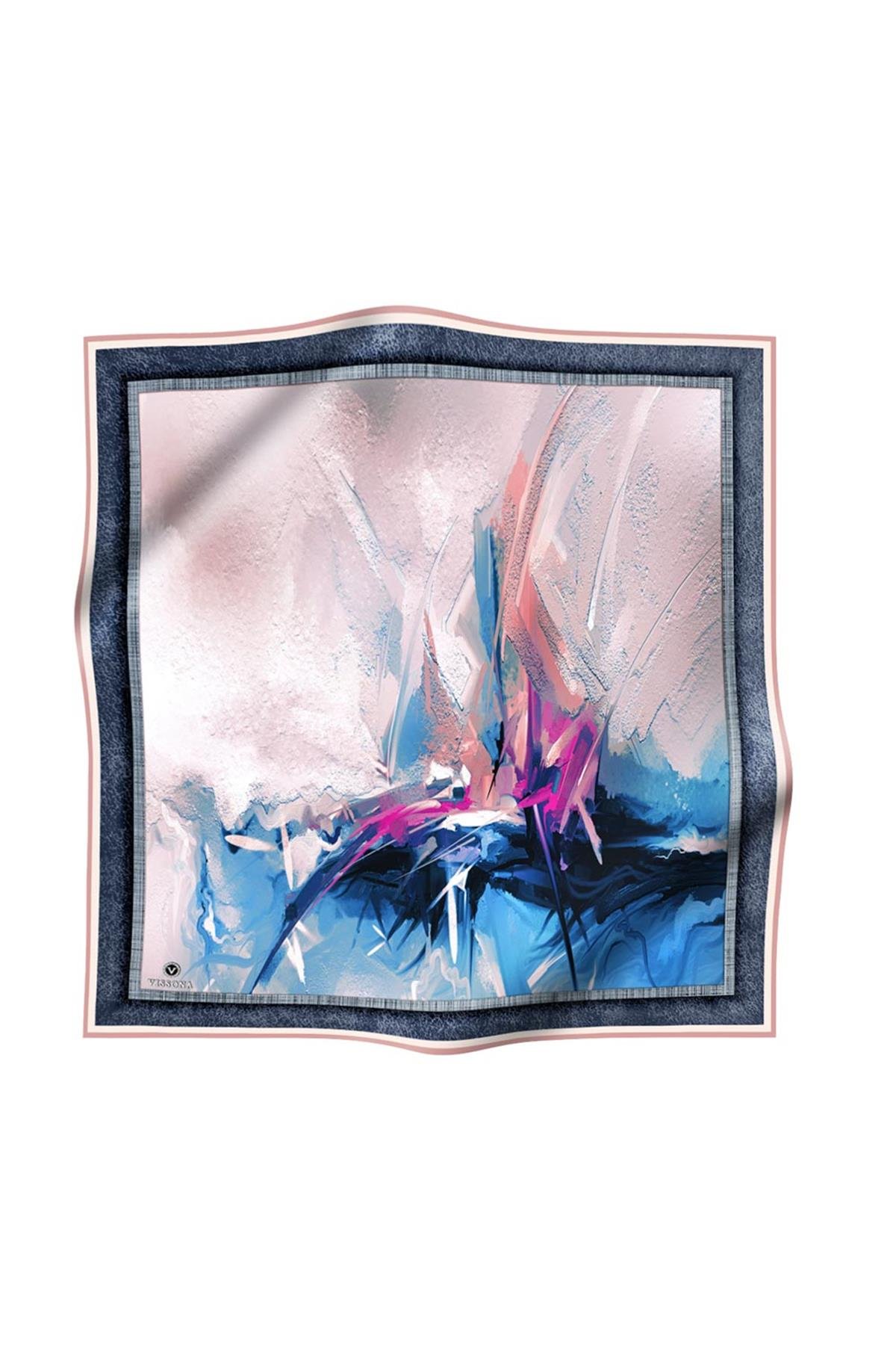 %100 Twill İpek Fırça Darbesi Desenli Saks - Pembe Renkli 90x90 Eşarp Dikim Şekli : El Dikişi