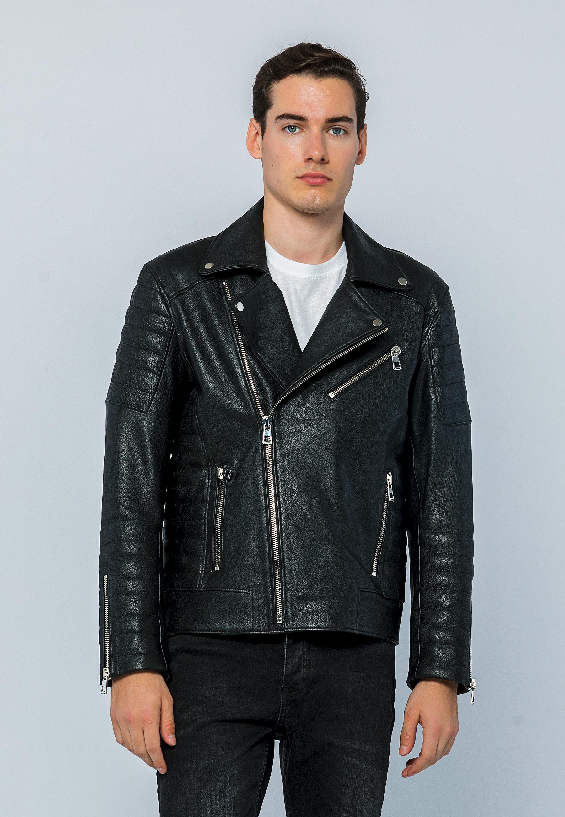 Basics&More Erkek Biker Siyah Jumbo Deri Ceket - E6735