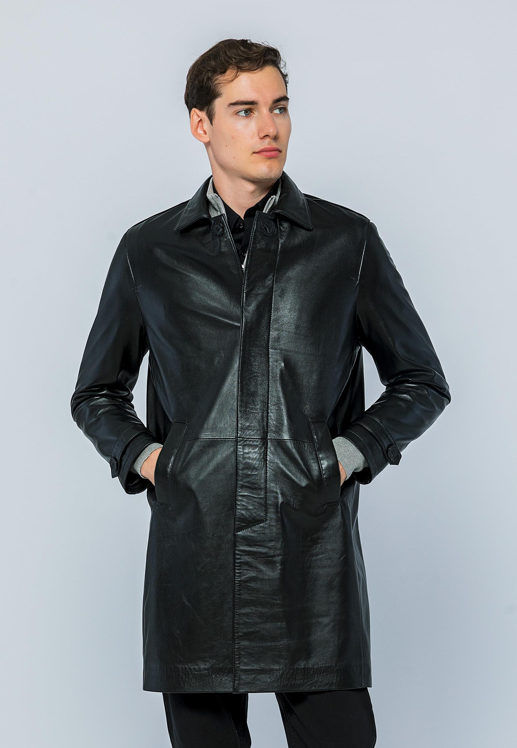 Basics&More Men Buttoned Long Black Leather Jacket - French