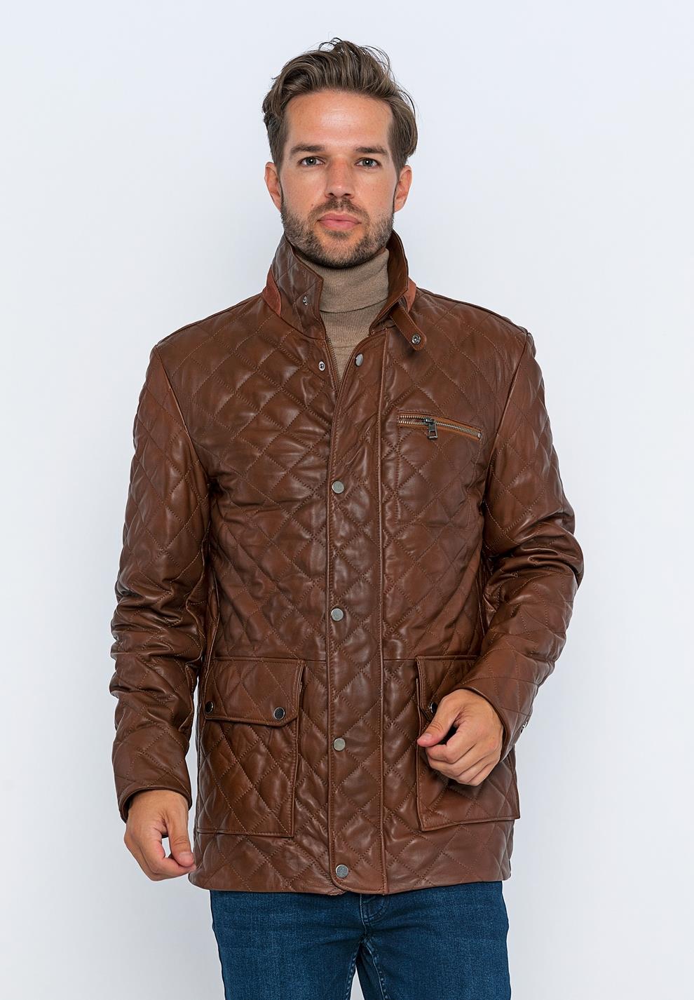 Basics&More Mens Quilted Detailed Chestnut Leather Jacket - E1630