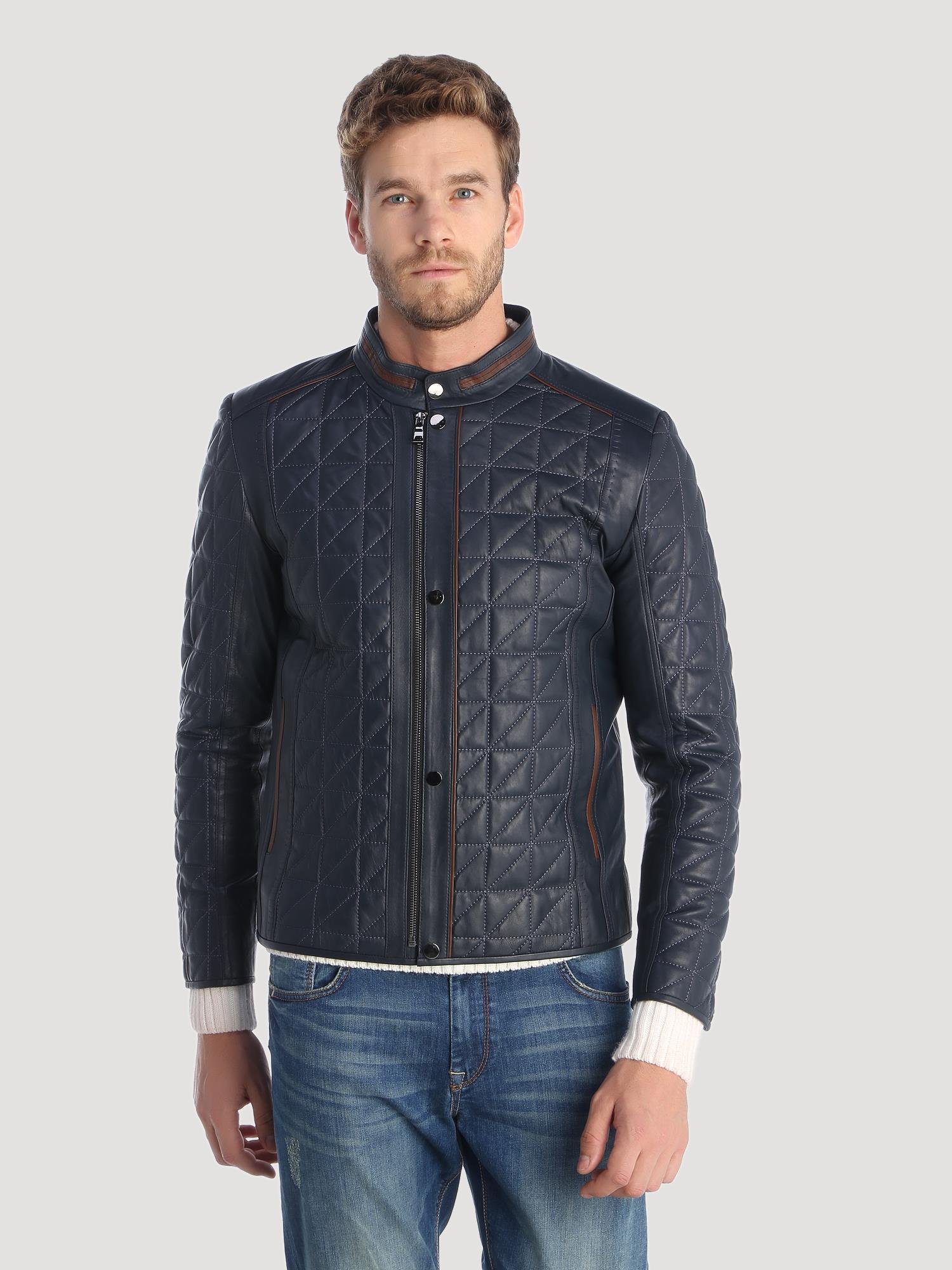 Basics&More Erkek Kapitone Detaylı Koyu Lacivert Deri Ceket - E02