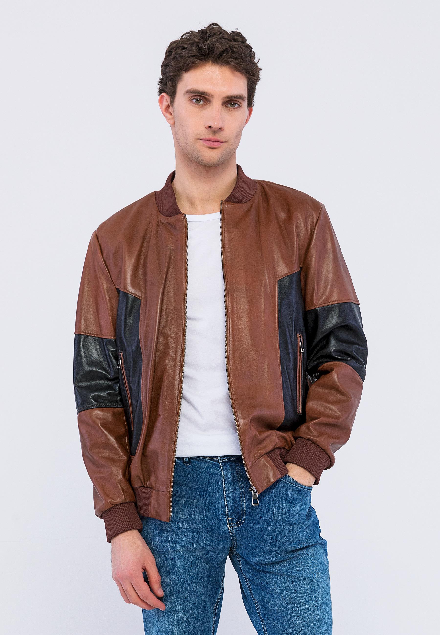 Basics&More Men College Chestnut/Black Leather Jacket - YNS44