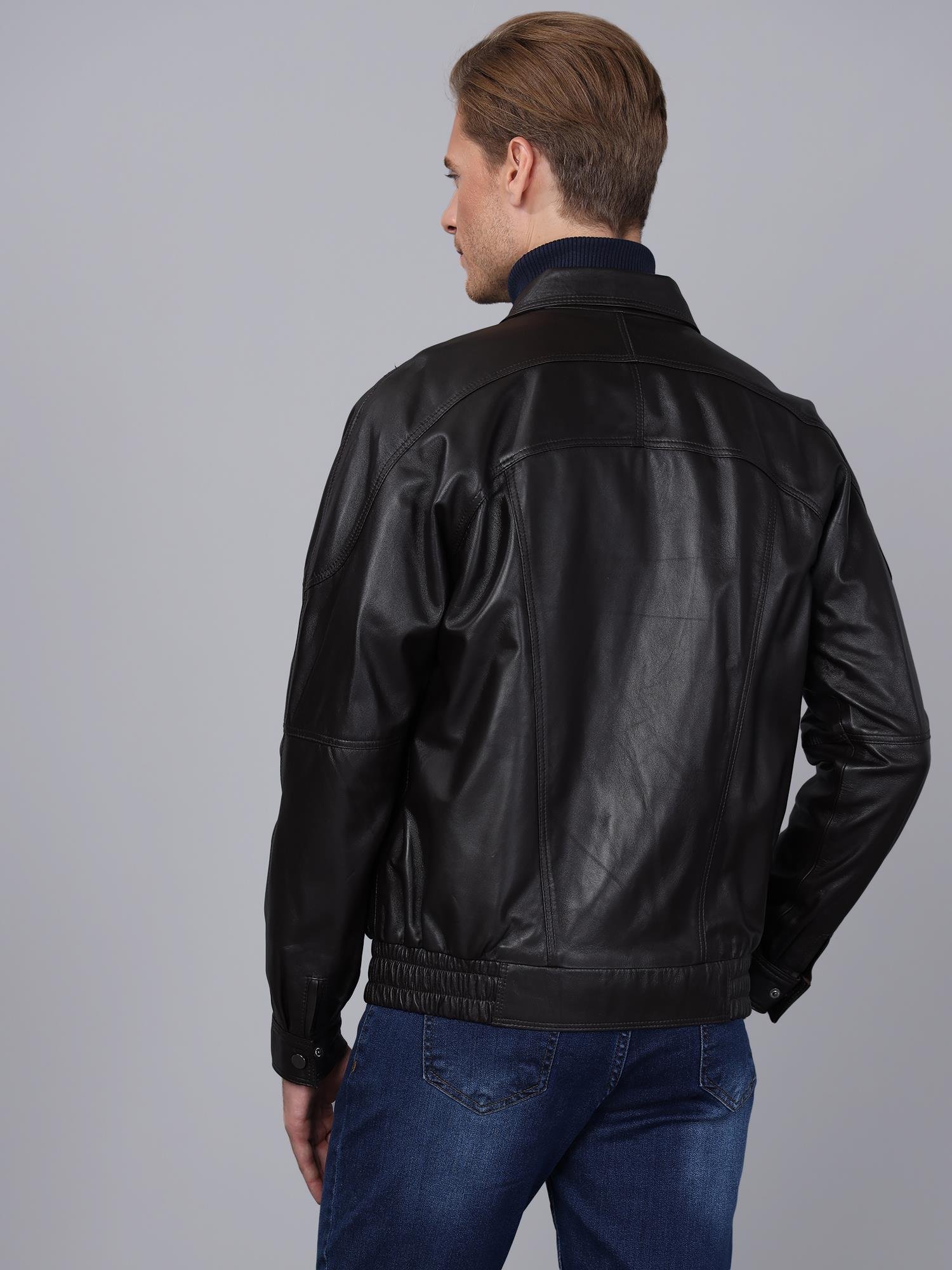 Basics&More Men Dark Brown Leather Jacket - E344