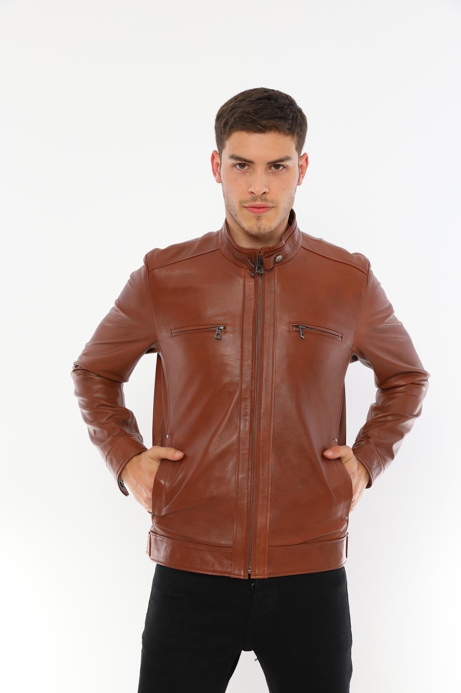 Basics&More Erkek Modern Tasarımlı Hakiki Kestane Deri Ceket - E130T