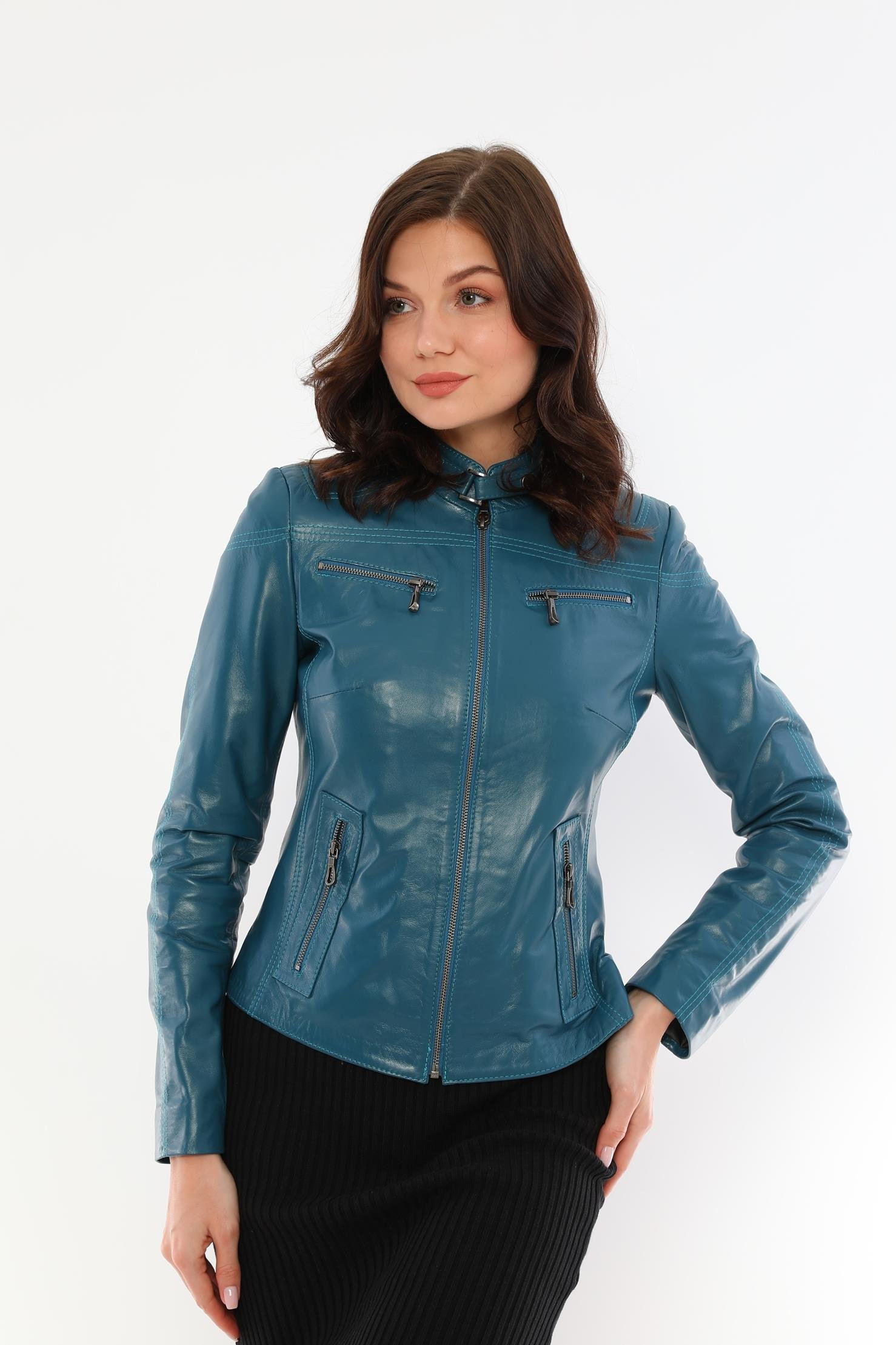 Basics&More Kadın Fermuar Detaylı Turkuaz Deri Ceket - B2327