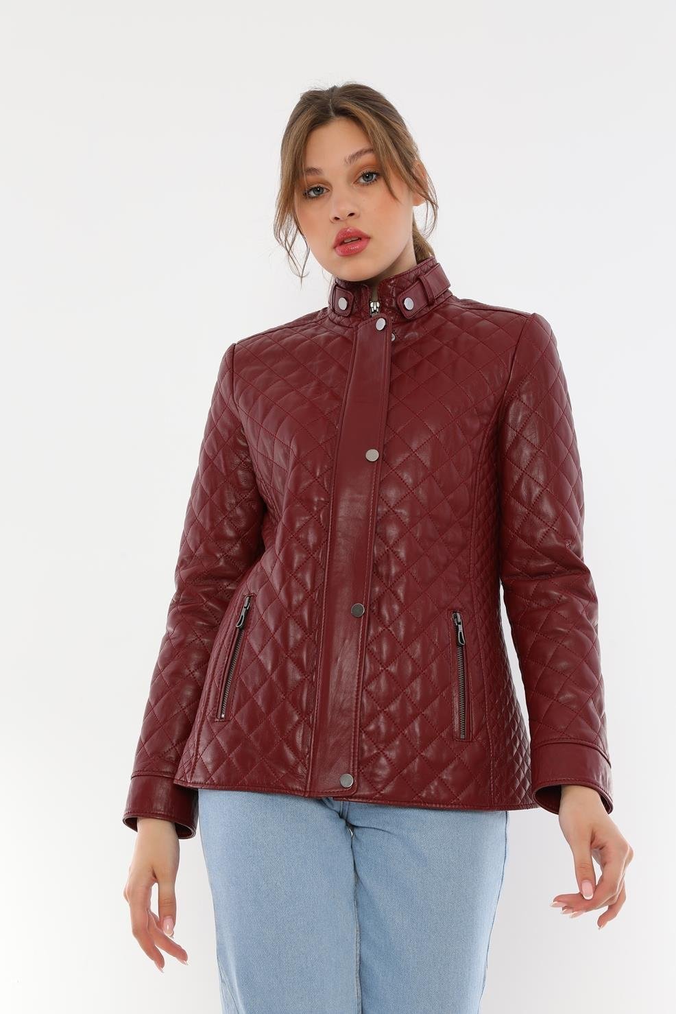 Basics&More Women Quilted Burgundy Leather Jacket - Dunna