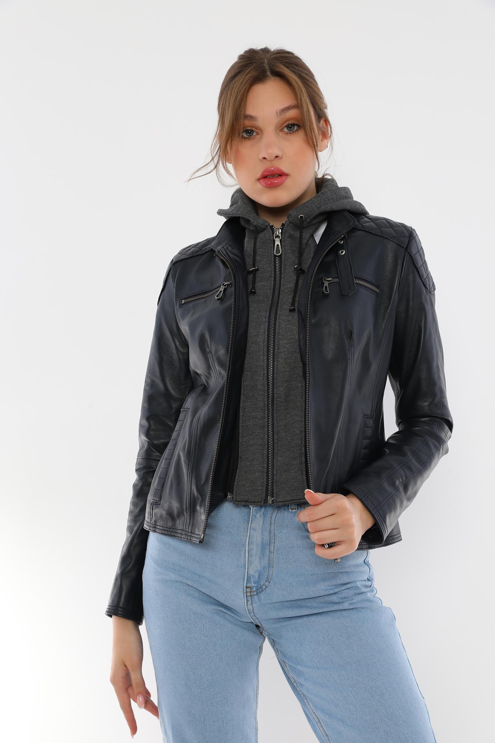 Basics&More Womens Hood Detailed Dark Navy Leather Jacket - Wekend