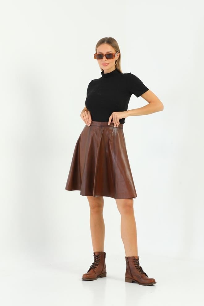Basics&More Women Flared Chestnut Leather Skirt - SK03