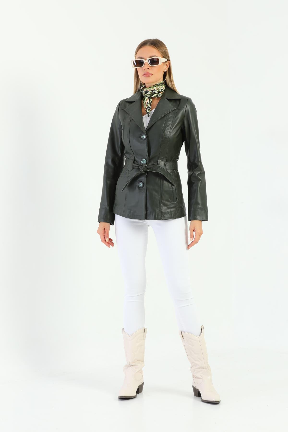 Basics&More Kadın Kuşak Detaylı Yeşil Deri Ceket - B2228