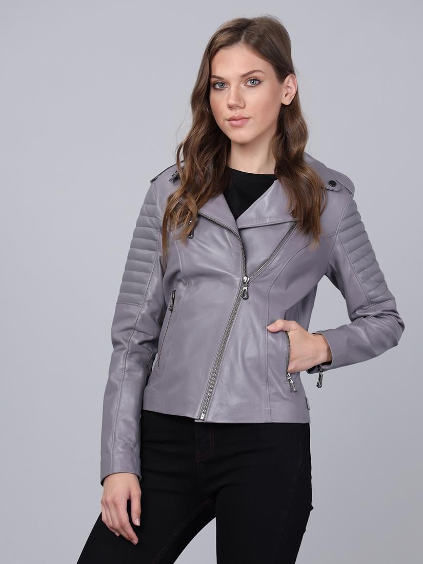 Basics&More Kadın Biker Gri Deri Ceket - BM02