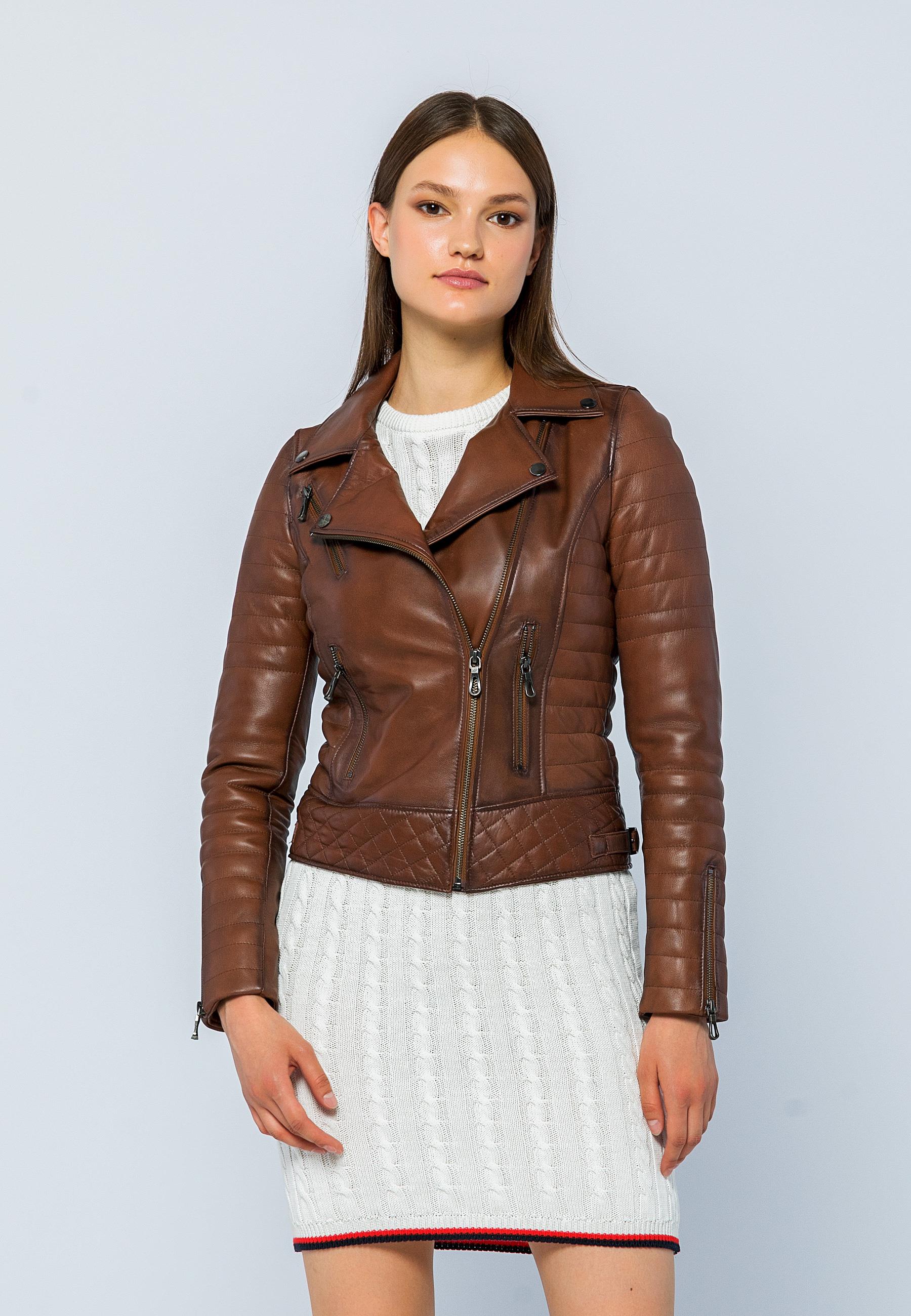 Basics&More Women Biker Chestnut Leather Jacket - DIESEL