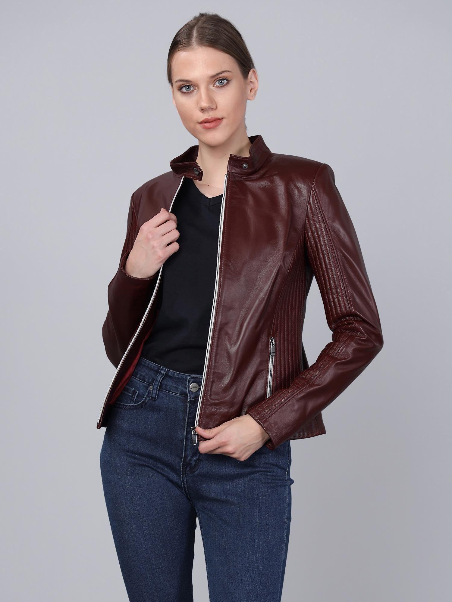  Basics&More Kadın Bordo Deri Ceket - B49