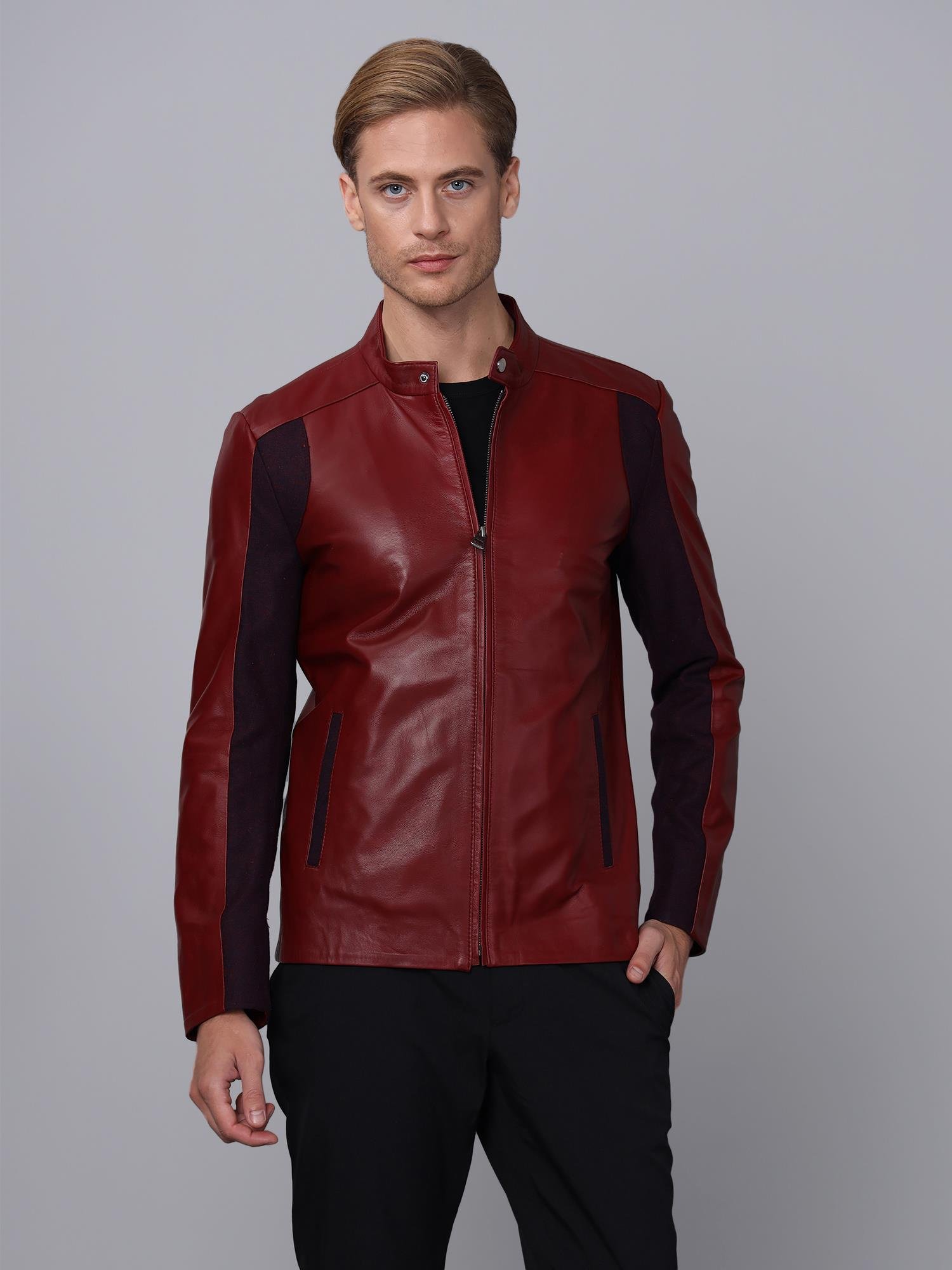 Basics&More Men Burgundy Leather Jacket - E2020