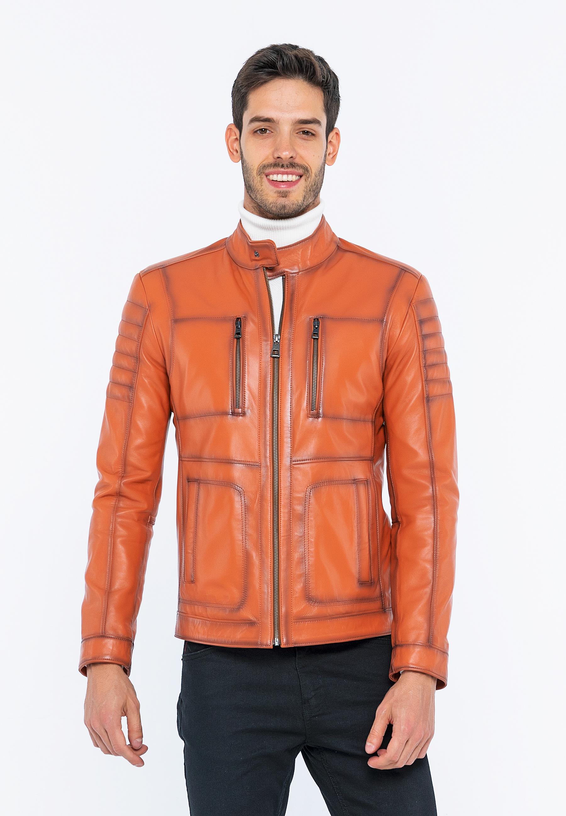 Basics&More Erkek Biker Kiremit Deri Ceket - B3455