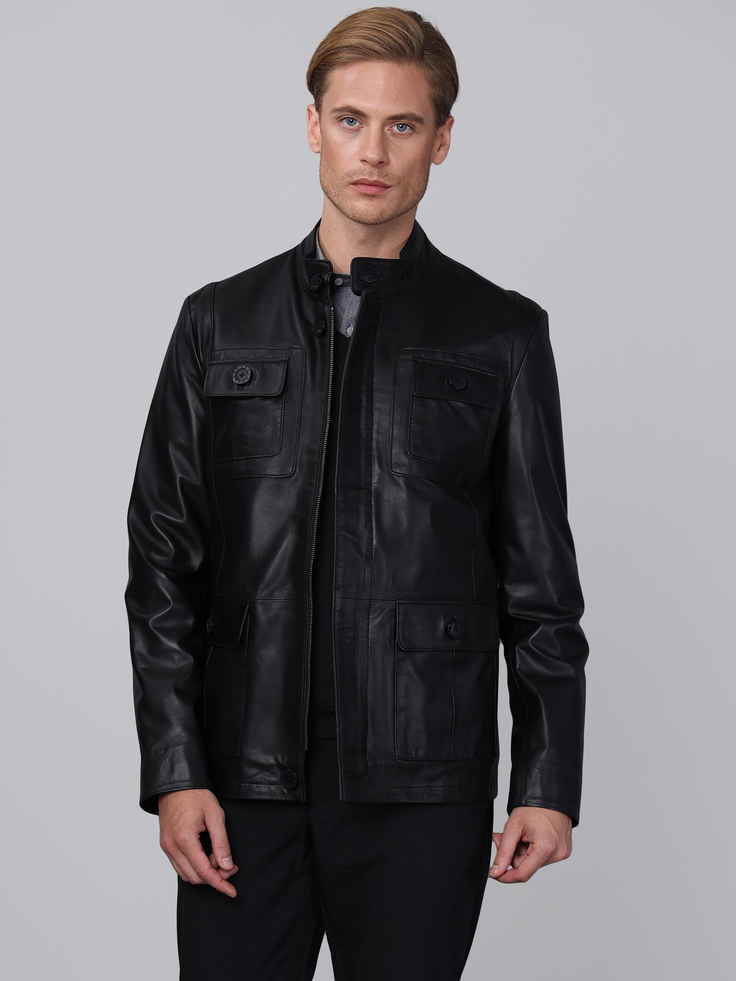 Basics&More Men Black Leather Jacket - SAFARI