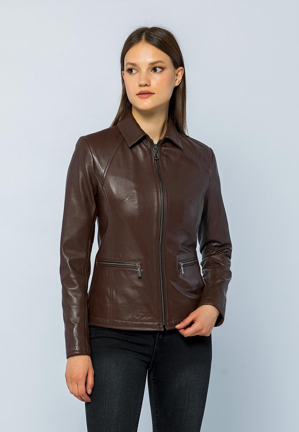 Basics&More Women Tea Leather Jacket - Maya