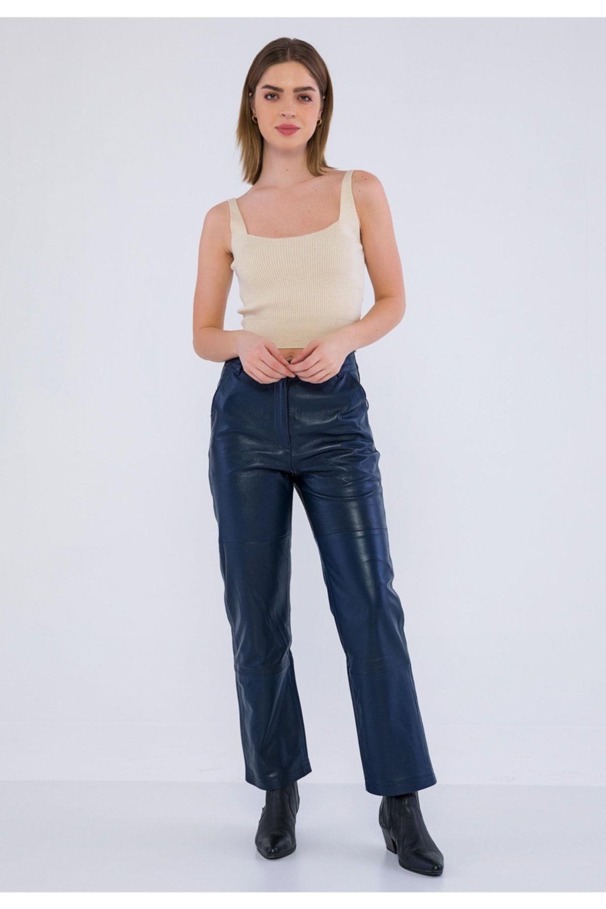 Basics&More Kadın Yandan Cepli Koyu Lacivert Deri Pantolon - P03