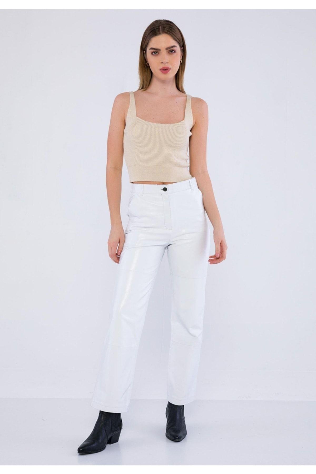 Basics&More Women White Leather Trousers with Side Pockets - P03