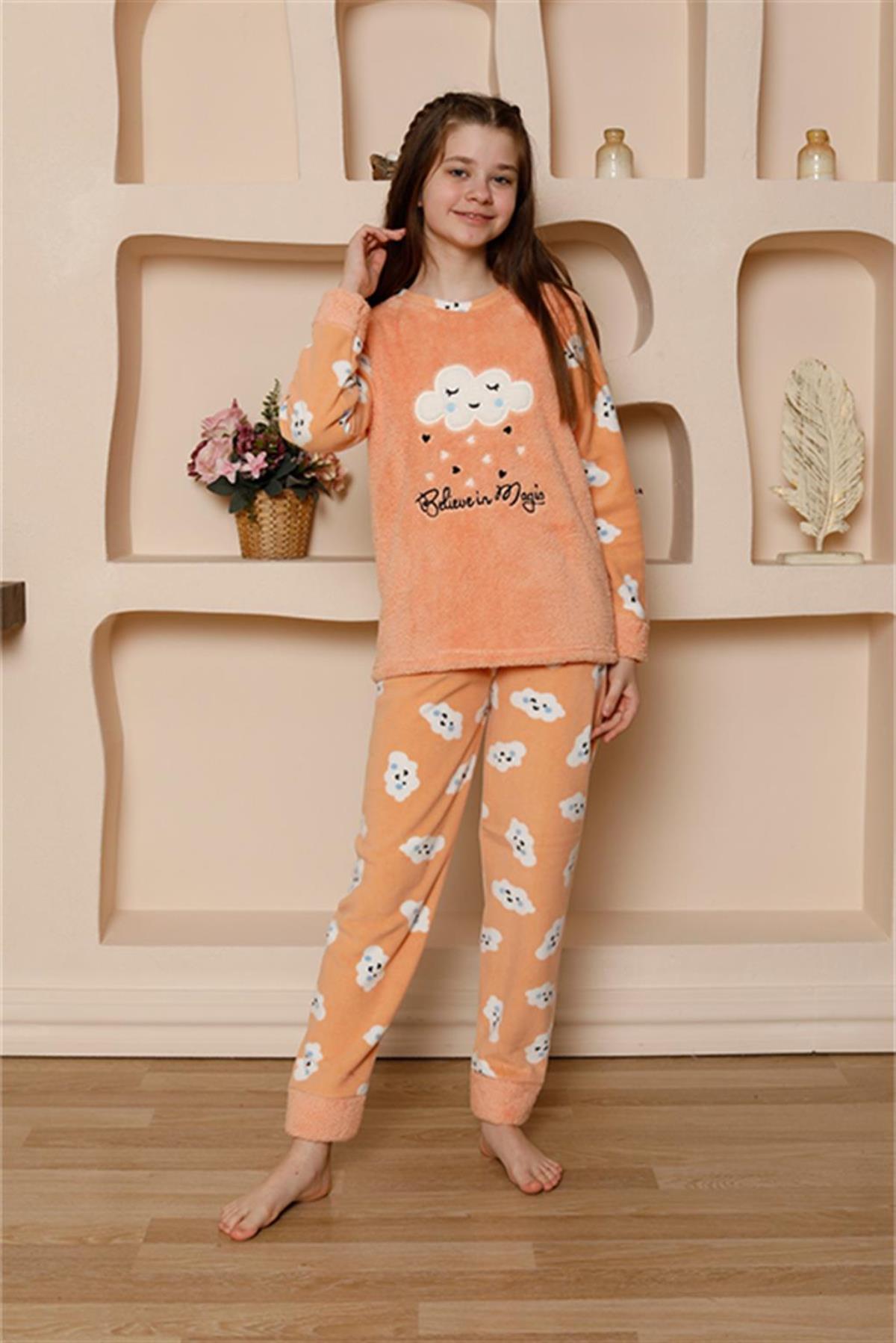 Celira Kız Çocuk WelSoft Polar Turuncu Pijama Takımı