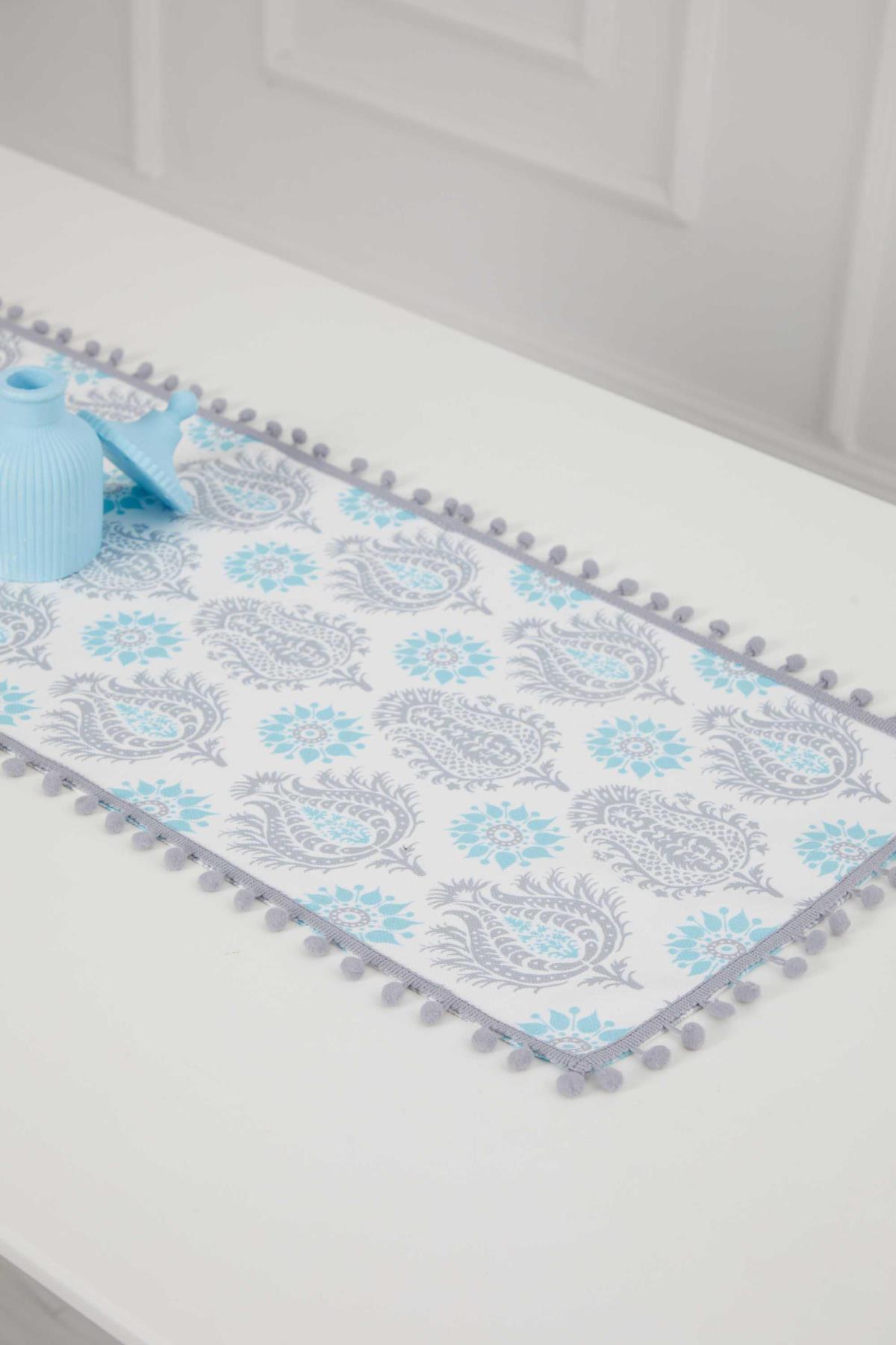 Kenarları Ponponlu ve Desenli Runner 90 x 30,R-71K Suzani Desen 63