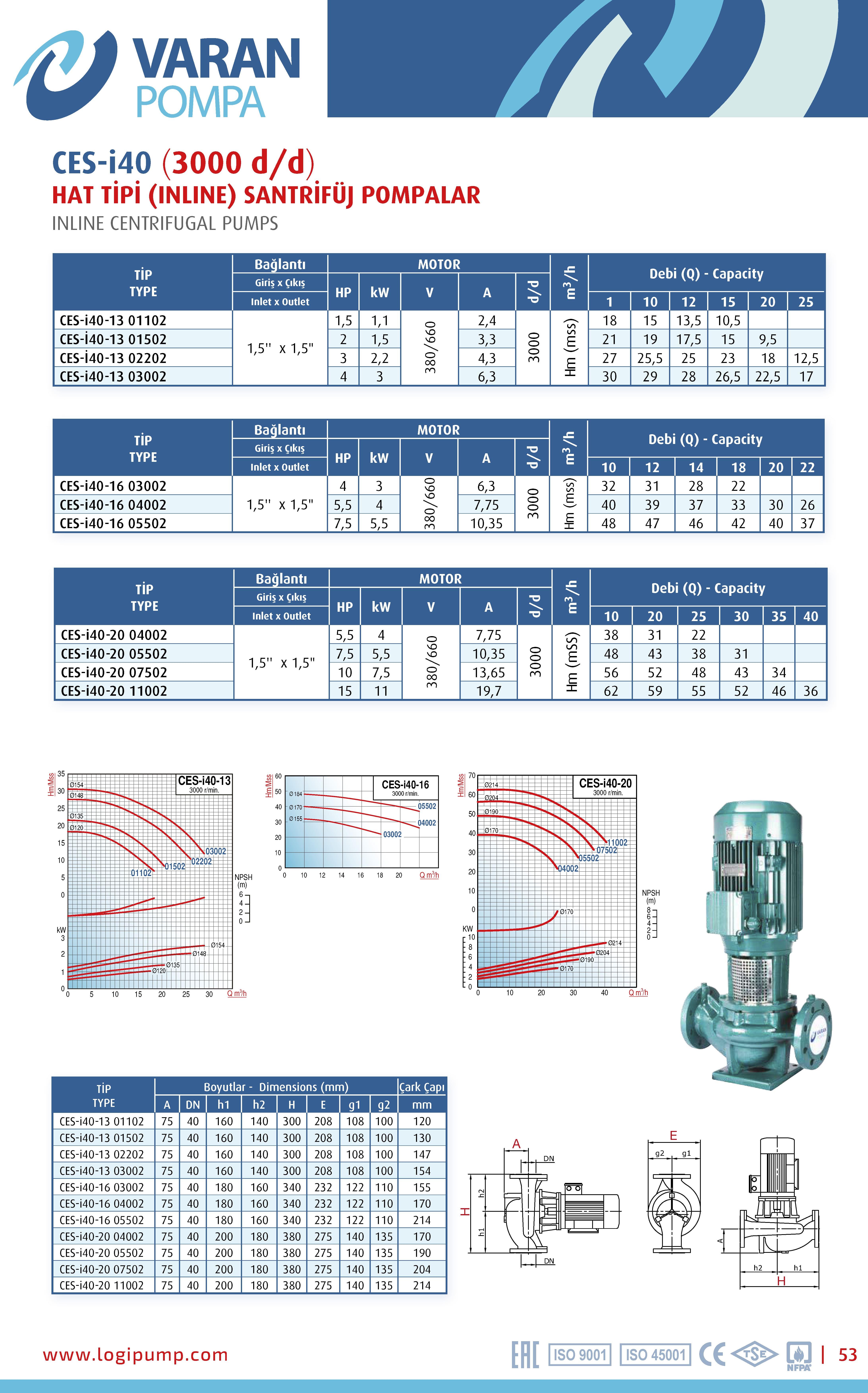 Varan CES-I 40-13-01502 Pik Döküm / İn-line (Hat Tipi) Endüstriyel Dik Milli Santrifüj Pompa (2 HP / 1.5 kW) 21 mSS / 20 m3/h
